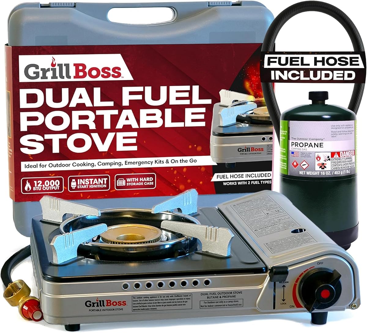 Grill Boss Dual Fuel Camping Stove, Butane & Propane, 12000 BTU | Single Burner Gas Cooker, Propane Adapter Included, Works Below Freezing, Double Wind Guard, Piezo Ignition, Hiking, 90057