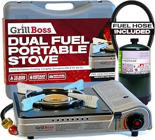 Chef Master Grill Boss 90057 Dual Fuel Camping Stove 12,000 BTU Butane Propane Portable w/ Piezo Ignition Wind Guards
