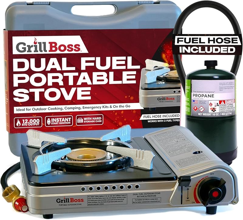 Grill Boss Dual Fuel Camping Stove, Butane & Propane, 12000 BTU | Single Burner Gas Cooker, Propane Adapter Included, Works Below Freezing, Double Wind Guard, Piezo Ignition, Hiking, 90057
