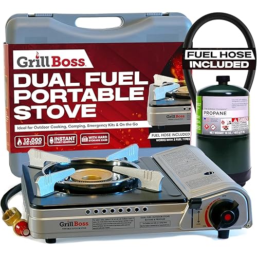Grill Boss Dual Fuel Camp Stove - 12,000 BTU Butane & Propane Portable Stoves for Camping, Emergencies, BBQ, Hiking & Backpacking - Double Wind Guard, Instant Piezo Ignition System - 90057