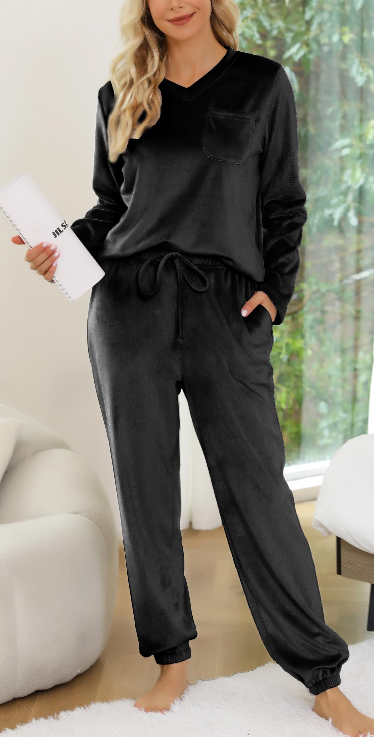 Vlazom Pyjama Femme Hiver Polaire Ensembles de Pyjama Vêtements de Nuit | Flanelle Douce et Chaude, Poche Poitrine Pratique, Col V Élégant, Disponible en Plusieurs Couleurs Unies