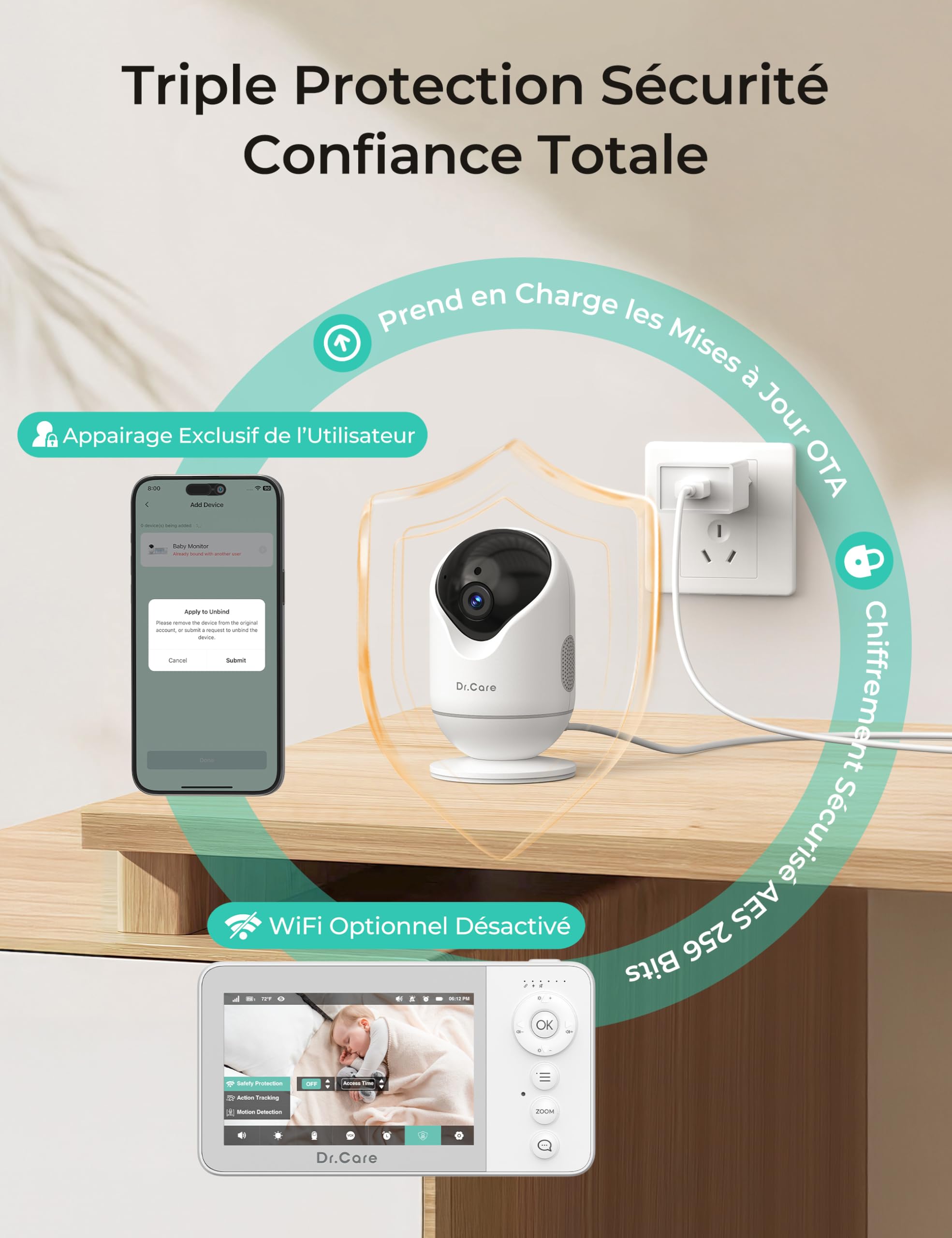 Dr.Care Babyphone Camera et APP, 1080P Camera Bebe, 4" 720P Écran Divisé, Alertes de Mouvement, Vision Nocturne HD, Parler à Deux, Multi-utilisateur, Triple Sécurité, VistaView Lite RB Smart WLAN