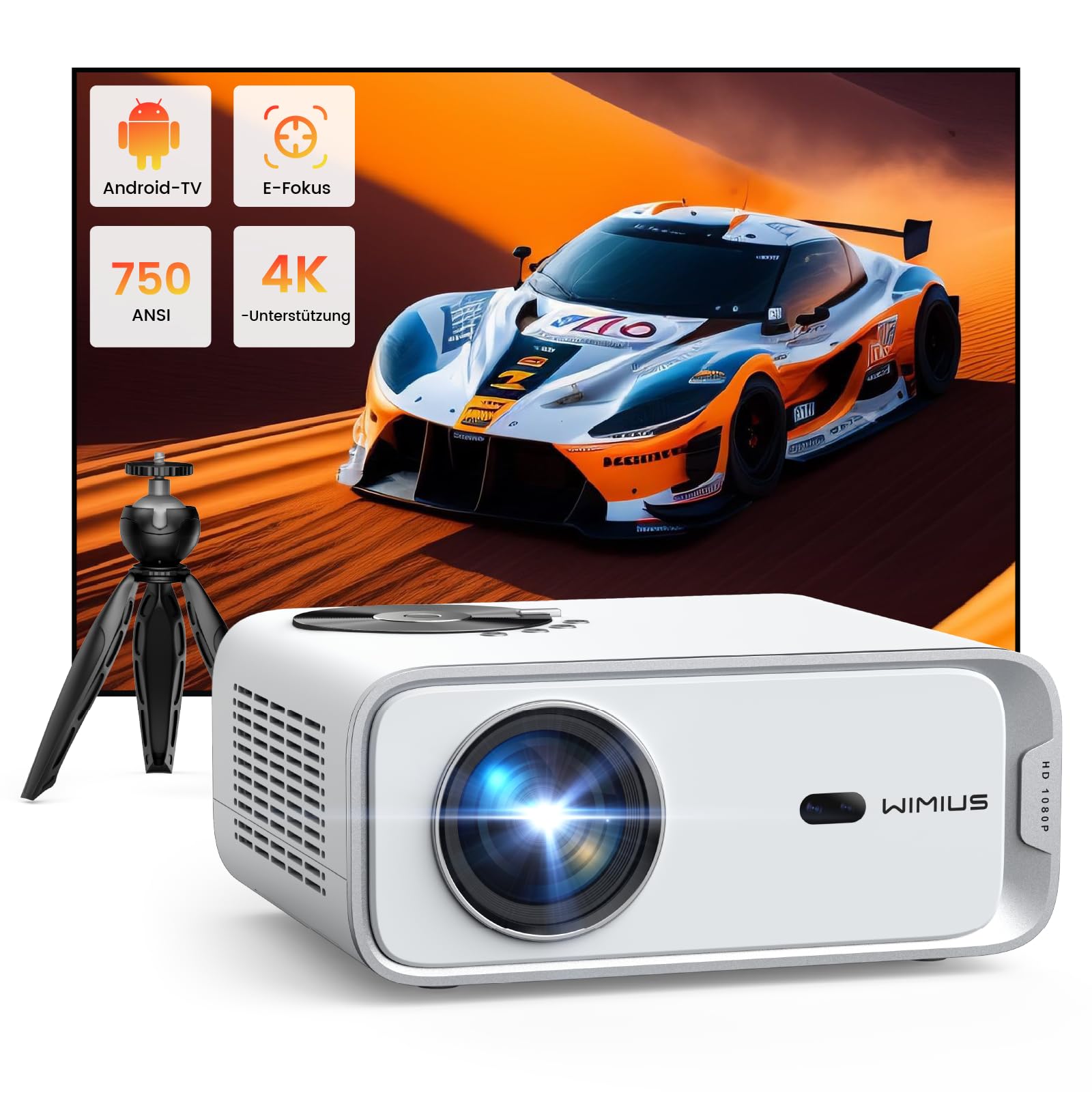 Proiettore Andriod TV: 25000 lumen nativo 1080P Full HD 4K supporta la correzione trapezoidale auto, messa a fuoco elettrica, zoidale, WiFi, Bluetooth, videoproiettore, home cinema, all'aperto con