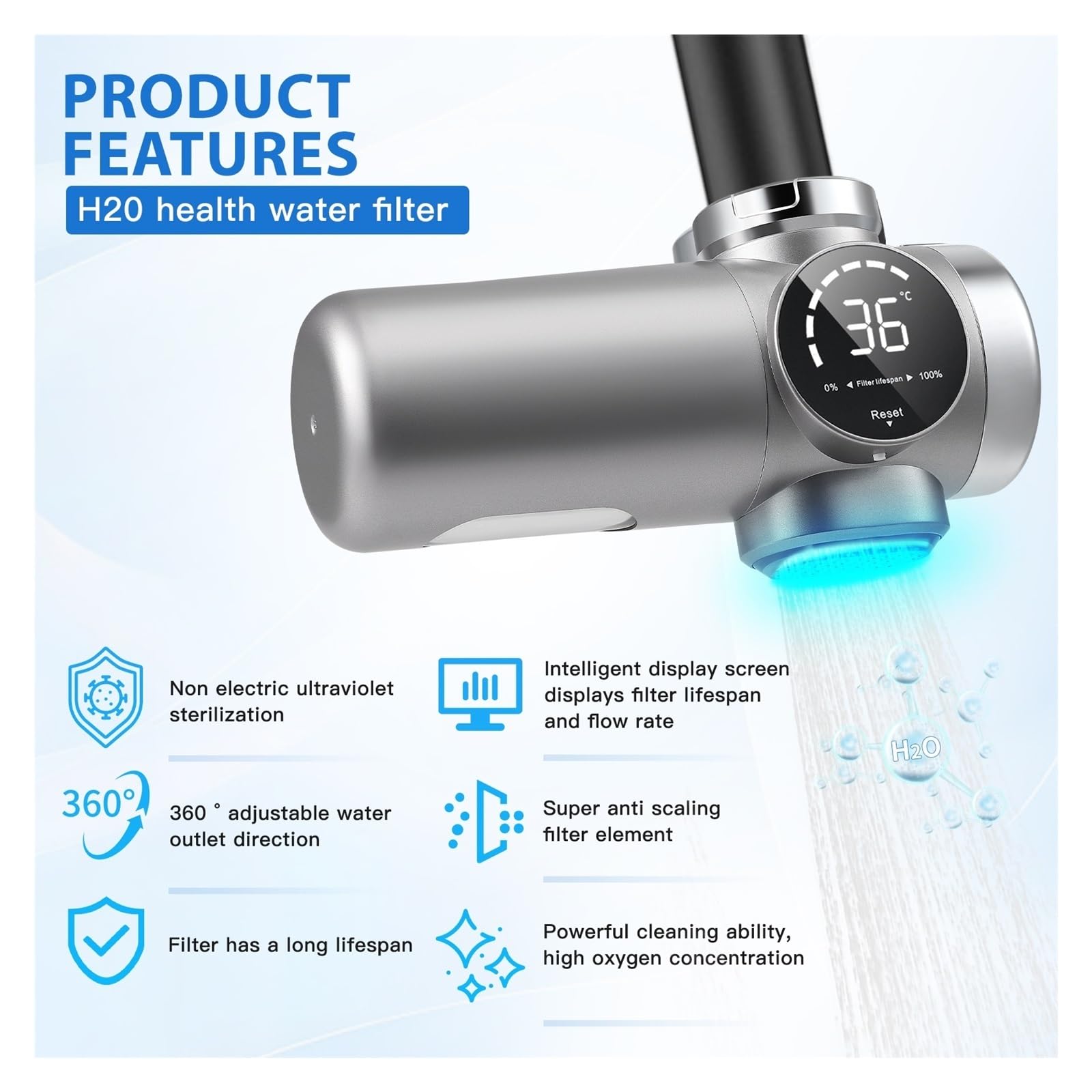 Grifo de baño, Grifo con filtro de agua pantalla LED, purificador grifo luz azul para cloro