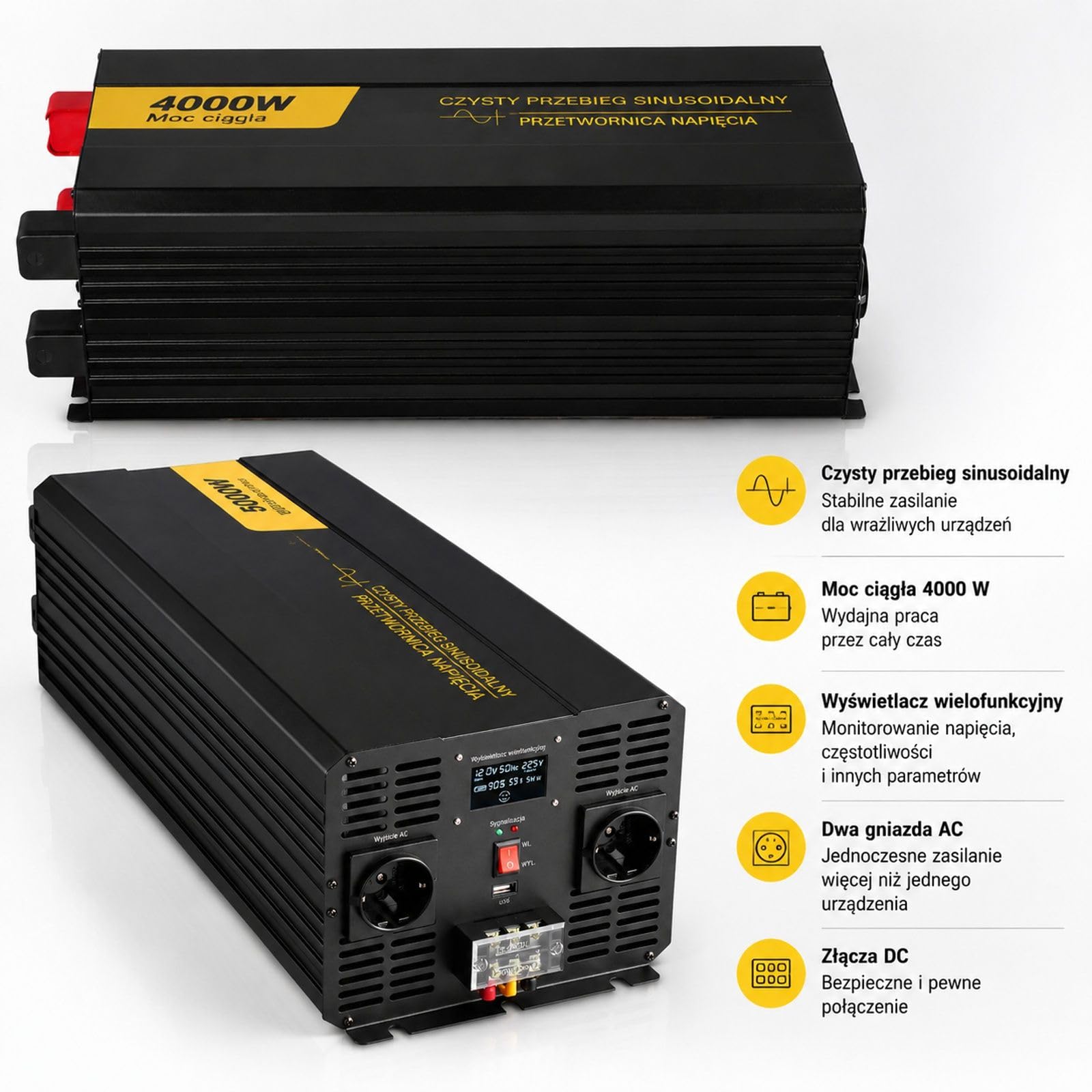 Przetwornica czystej fali sinusoidalnej 5000 W, wejście 12 V DC, wyjście 230 V AC, 2 gniazda europejskie, wyświetlacz LCD, obudowa ze stopu aluminium do samochodu, kampera i ciężarówki