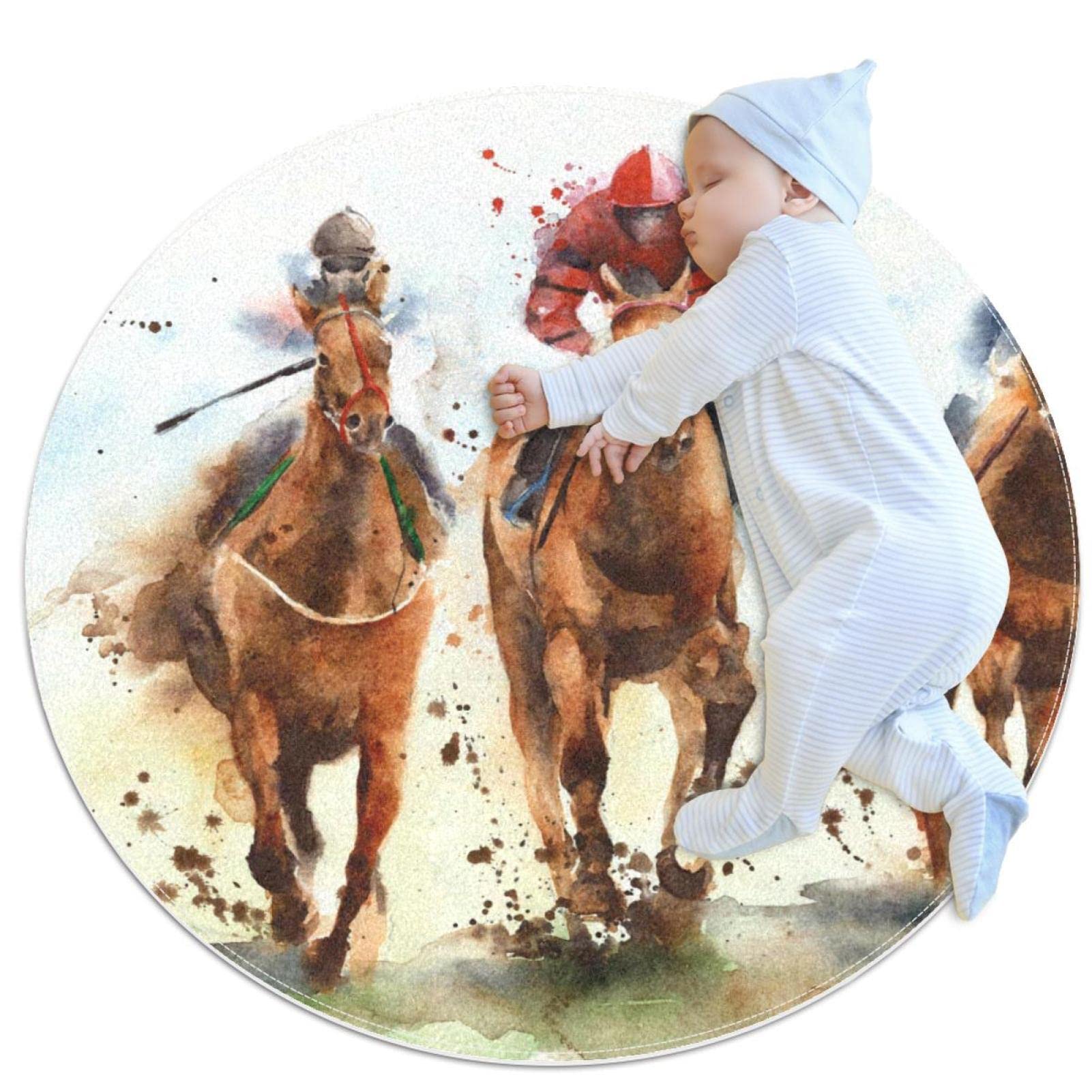 Tapis chevaux pour enfants JDEZ rond 80x80cm pour deco de chambre