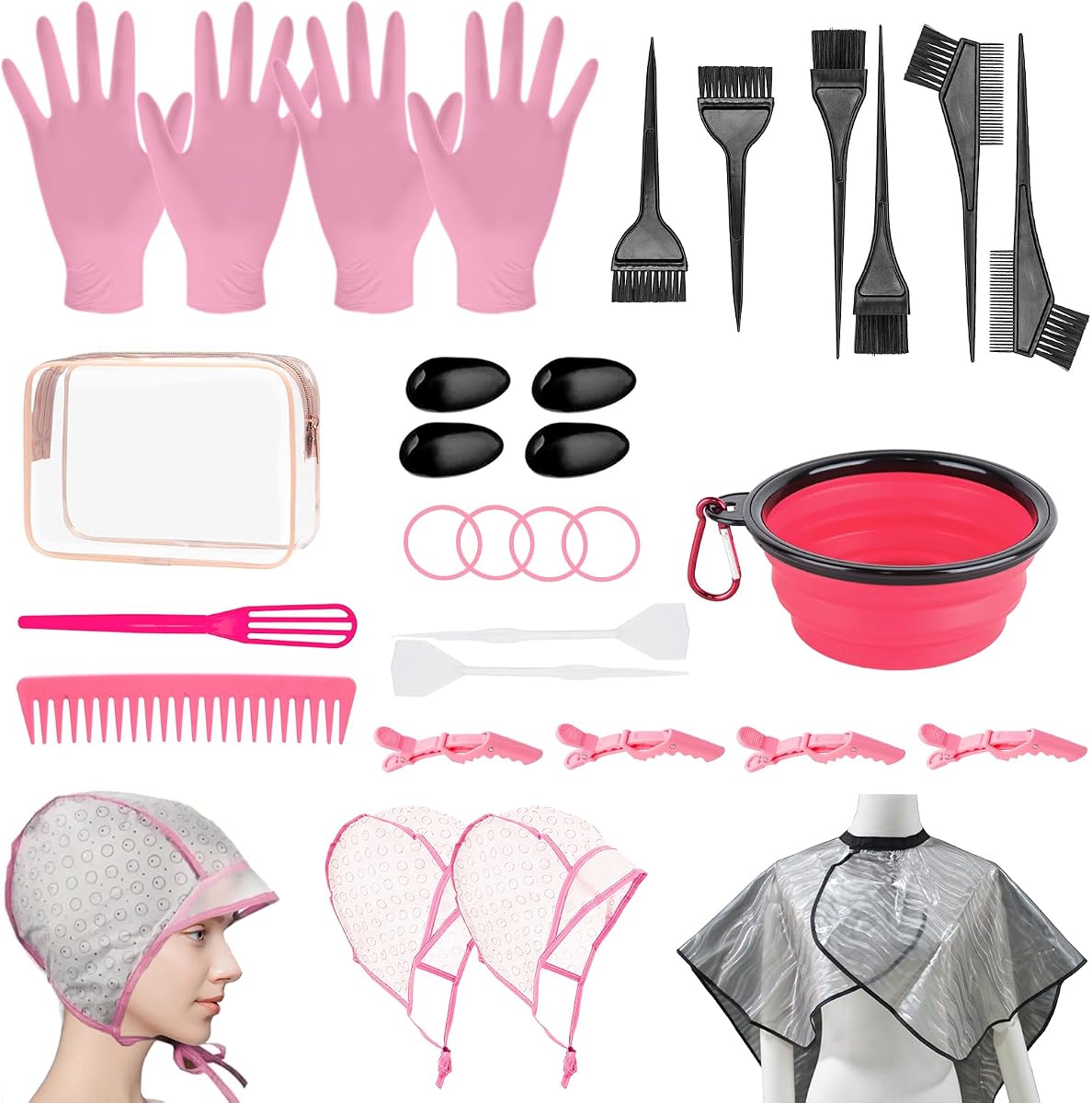 Kit de 32 piezas para teñir el cabello, herramientas para teñir el cabello para el salón de bricolaje. Juego de cepillo y tazón para teñir el cabello/Tapa de glaseado resaltante con ganchos de plástico/Cepillo de tinte/Cubierta para los oídos/Guantes/Peine/Horquilla/Capa para colorear el cabello (rosa)