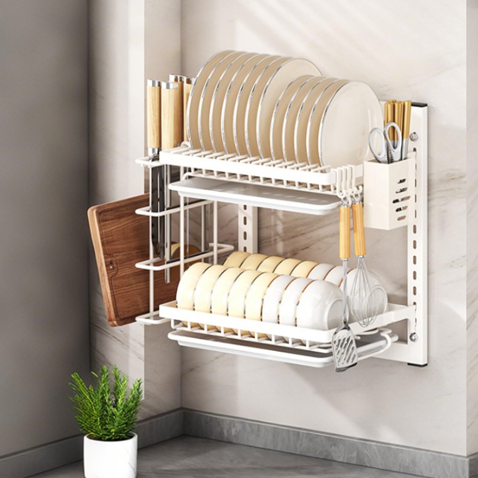 Scolapiatti a Parete,Vaschetta scolapiatti a Parete a 2 Livelli,Scaffale per Stoviglie con Scolapiattis,Scolapiattis da Cucina,Salvaspazio,Antiruggine,per Piatti,Ciotole e taglieri