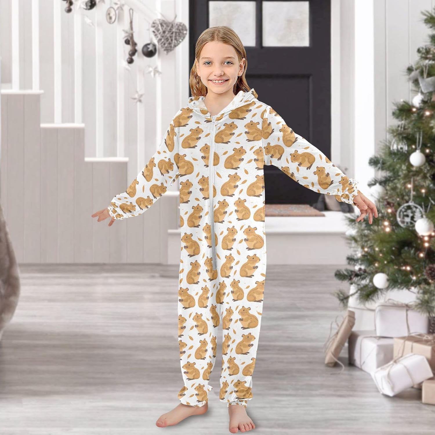 Funny Capybara Onesie Pajamas Zip Up One Piece Sleepwear Hooded Jumpsuits