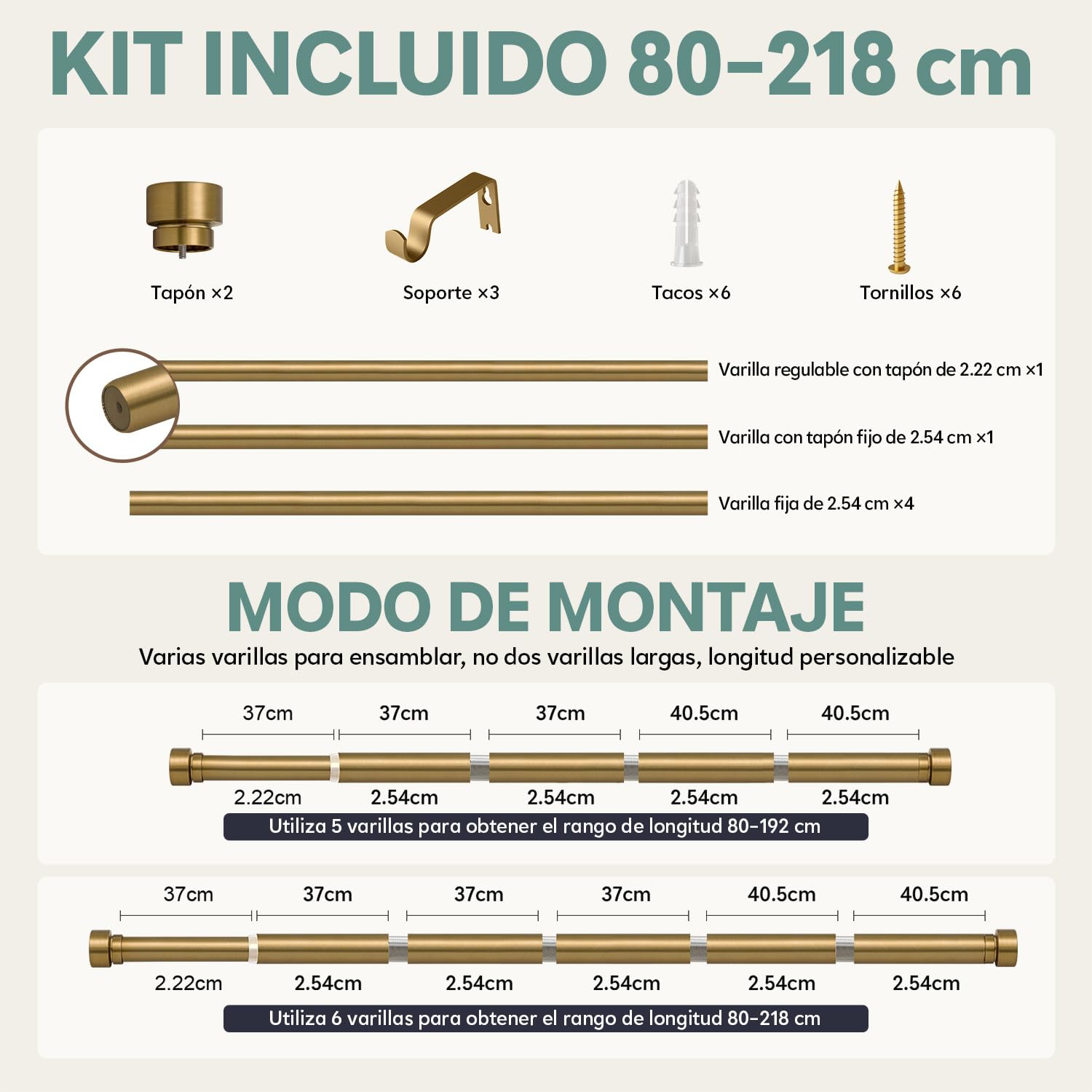 Asta per Tende Allungabile 80-218 cm Ottone 25 mm Soffitto Parete Metallo