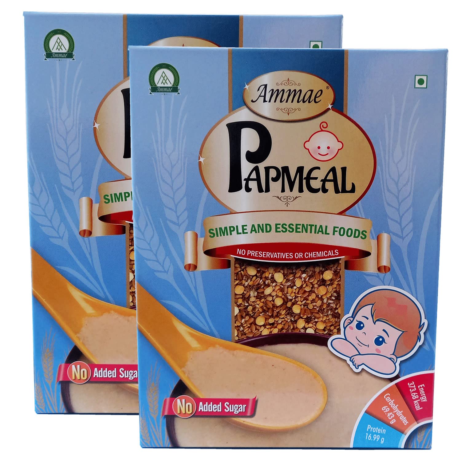 Ammae Papmeal, With Cereals, Rice, Wheat, Moong dal & Roasted gram Porridge mix with Goodness of Ajwain for little ones, 200g, Pack of 2 | No Sugar | No Salt | No Milk | Simple food - Easy to digest