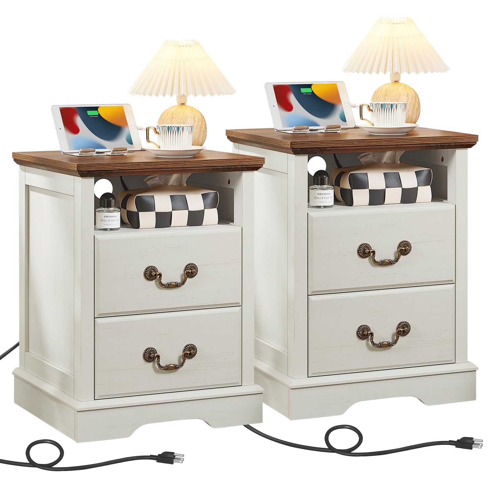 18-inch farmhouse nightstand set with charging station and two drawers