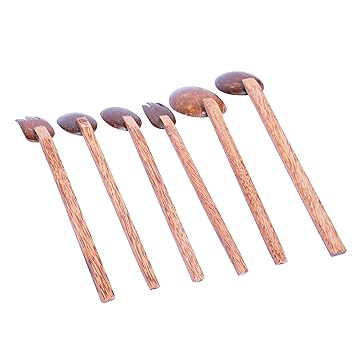 looms & weaves - Eco-Friendly Handmade Coconut Shell Small Forks & Spoons (Pack of 6) - Made with Coconut Shell & Coconut Wood