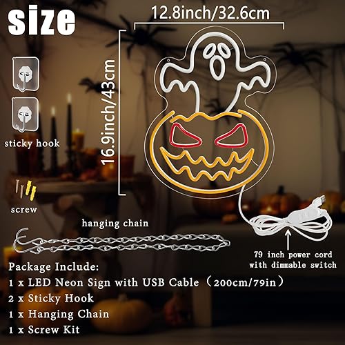 Miniatura 10 de Letrero de neón de araña para decoración de Halloween, decoración de pared de neón con forma de araña LED morado, luces nocturnas de pared,