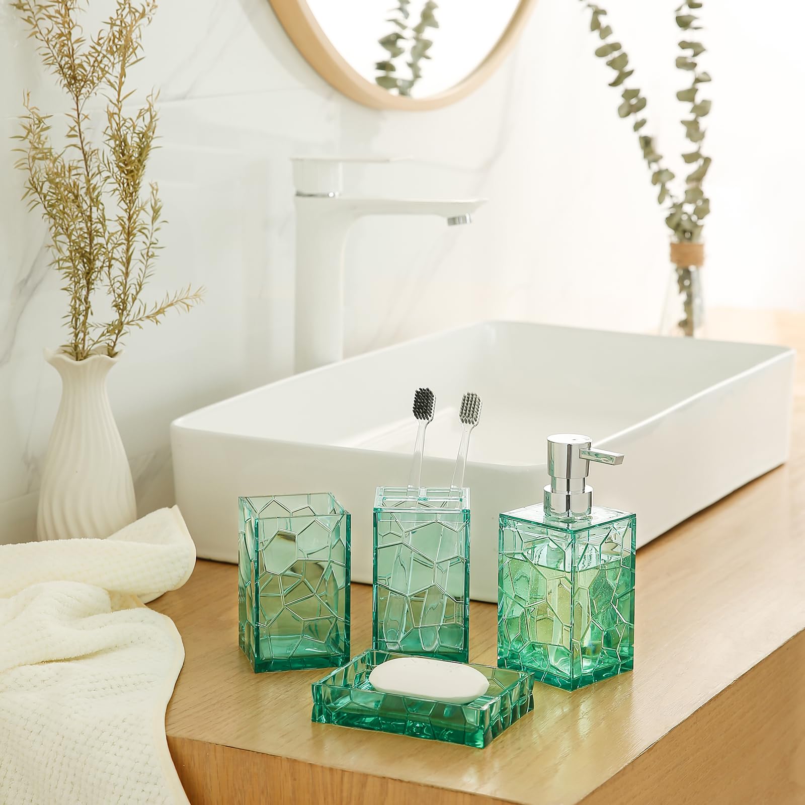 Transparentes Acryl-Badezimmerzubehör-Set – langlebig, rostfrei, transparentes Design – inklusive Seifenspender, Zahnbürstenhalter, Becher, Seifenschale und Toilettenbürste, 5-teilig (Blaugrün)