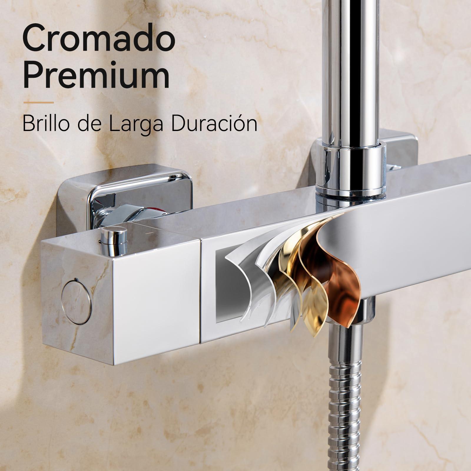 Auralum Grifo Termostático Ducha y Bañera, Mezclador de Pared Cuerpo Frío Antiquemaduras con Botón 38°C, Grifería 2 Salidas G1/2'', Adaptador G3/4'', Ajustables 135-165mm, Repuesto Universal, Cromo