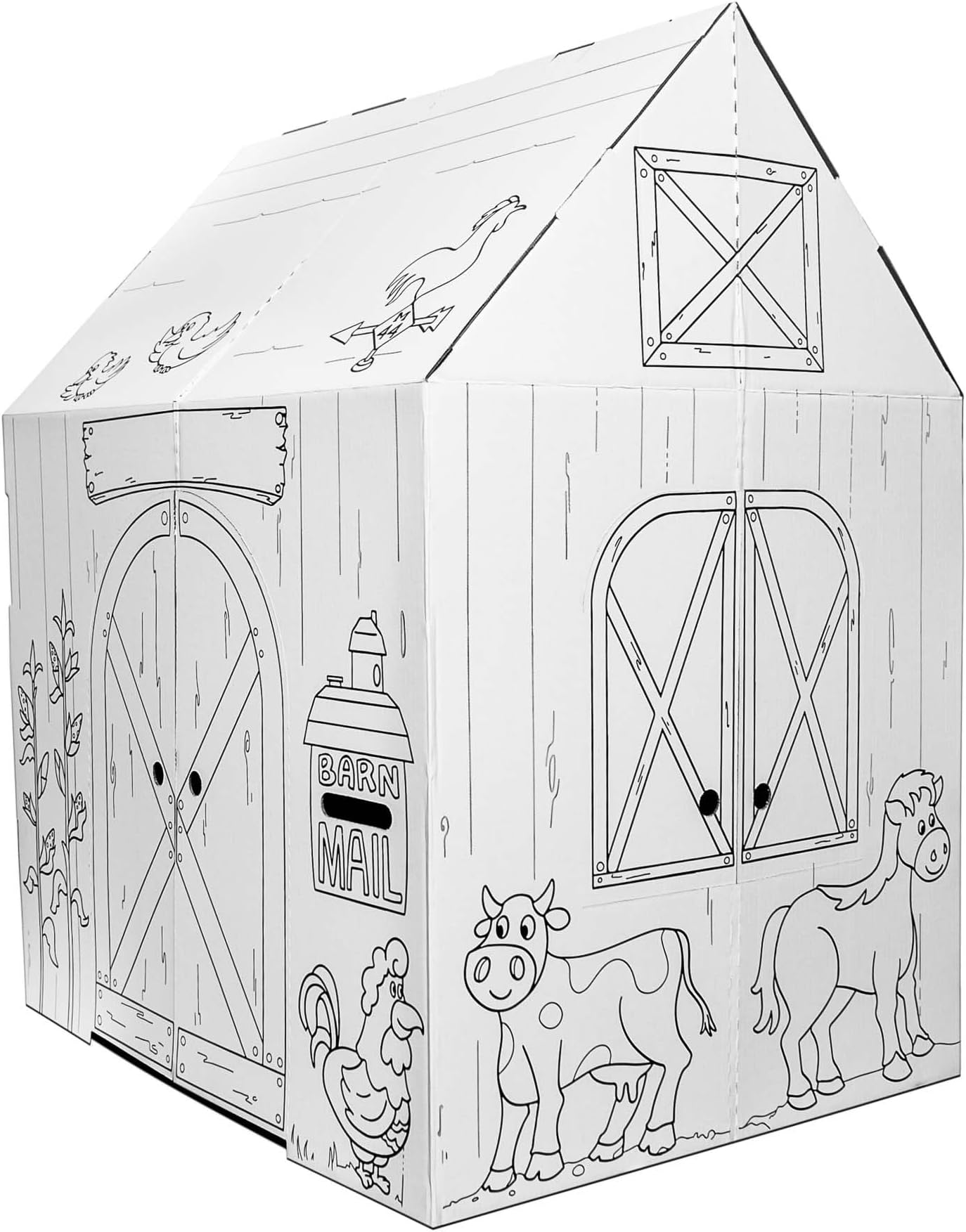 Easy Playhouse Barn - Kids Art & Craft for Indoor & Outdoor Fun, Color Favorite Farm Animals – Decorate & Personalize The Cardboard Fort, 32 by 26. 5 by 40. 5 inches - Made in USA, Age 3 and up