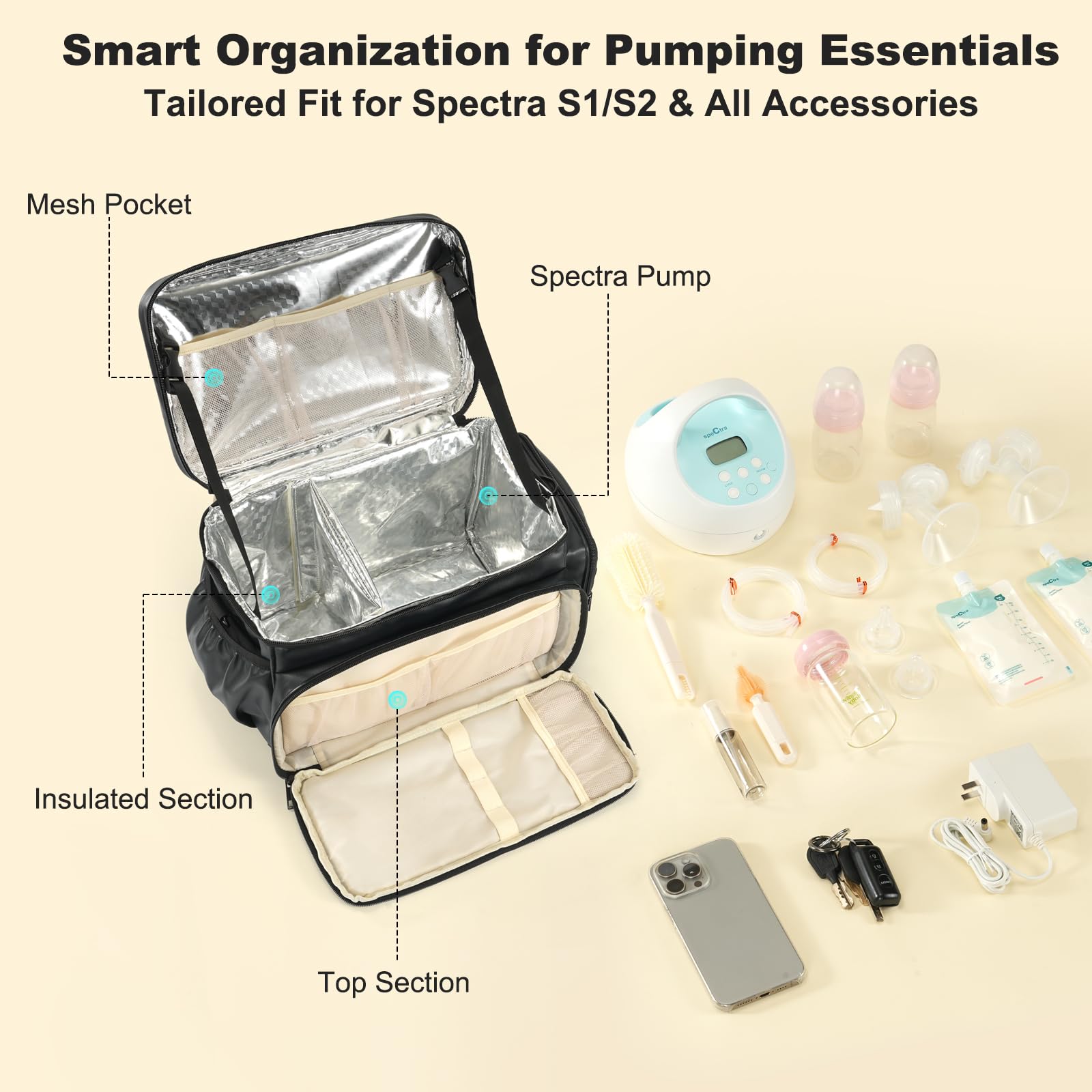Uross Sac à lait maternel portable compatible avec tire-lait, sac isotherme multifonction pour les mères allaitantes, noir