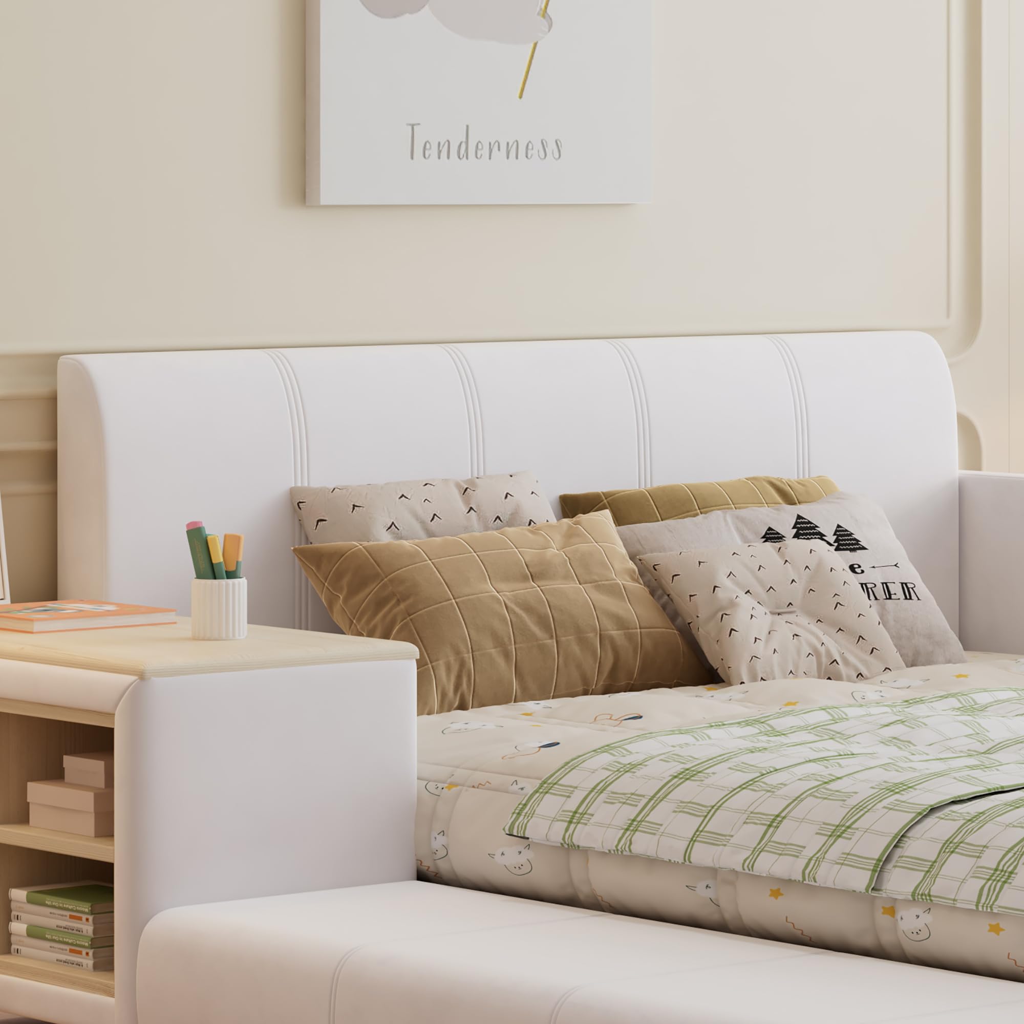 Letto imbottito 140 x 200 cm con scrivania per bambini e sgabello, con ripiano, testiera morbida, culla con doghe in legno, velluto, bianco