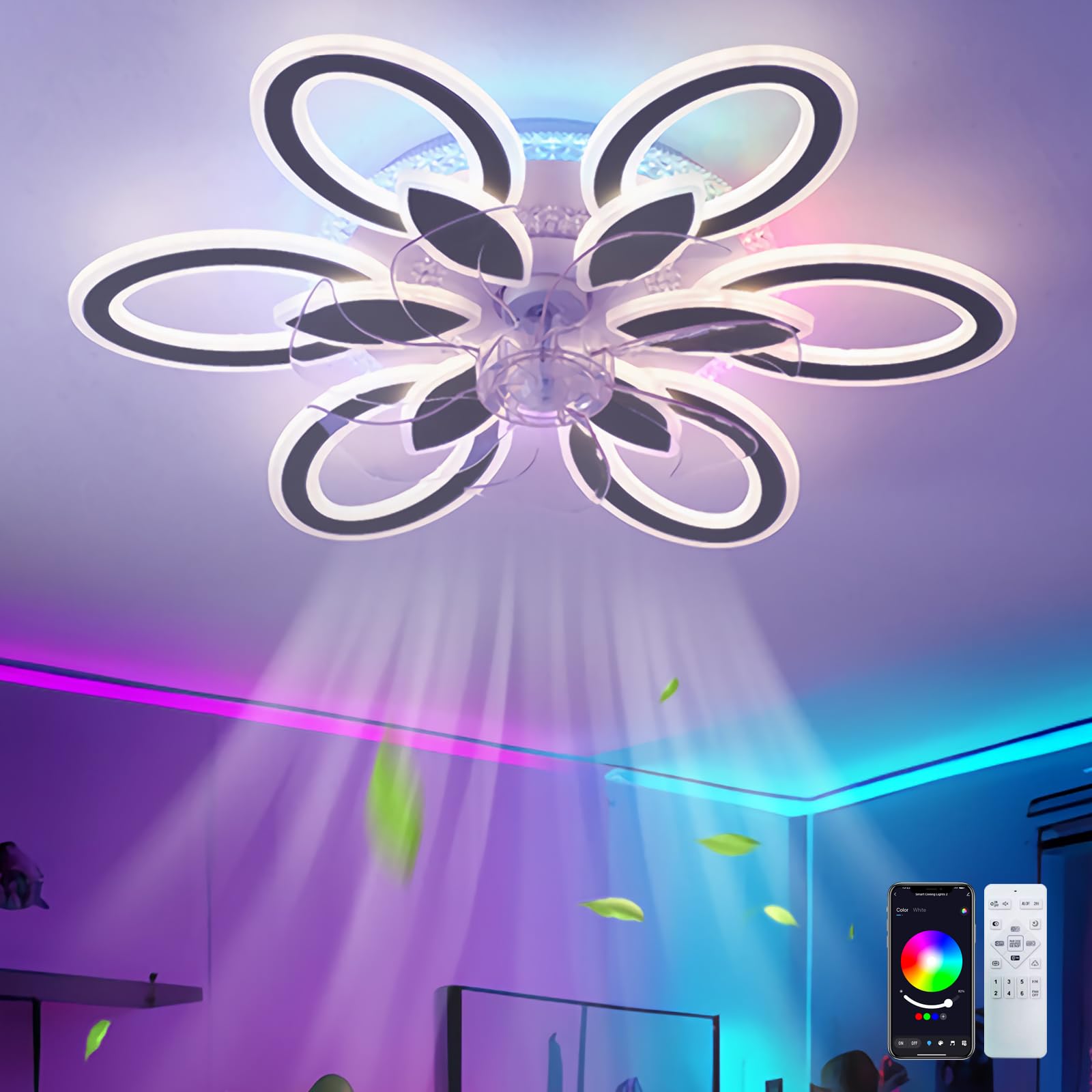 RGB Ventilatore Da Soffitto Con Luce Silenzioso Reversibile 6 Velocità Pale Da Soffitto Con Luce Colore Modificabile Fiori Lampadario Con Ventola Dimmerabile Per Camere Da Letto E Soggiorni