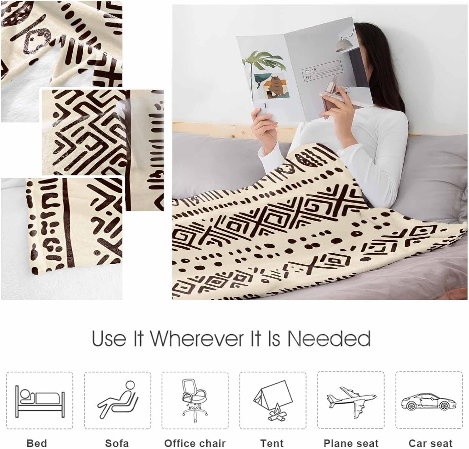 Boho Beige Throw Blanket Fleece Blanket for Couch, Vintage Tribe African Texture Soft Microfiber Fuzzy Cozy Lightweight Blankets for Home Bed Sofa All Season 50 x 80 Inch