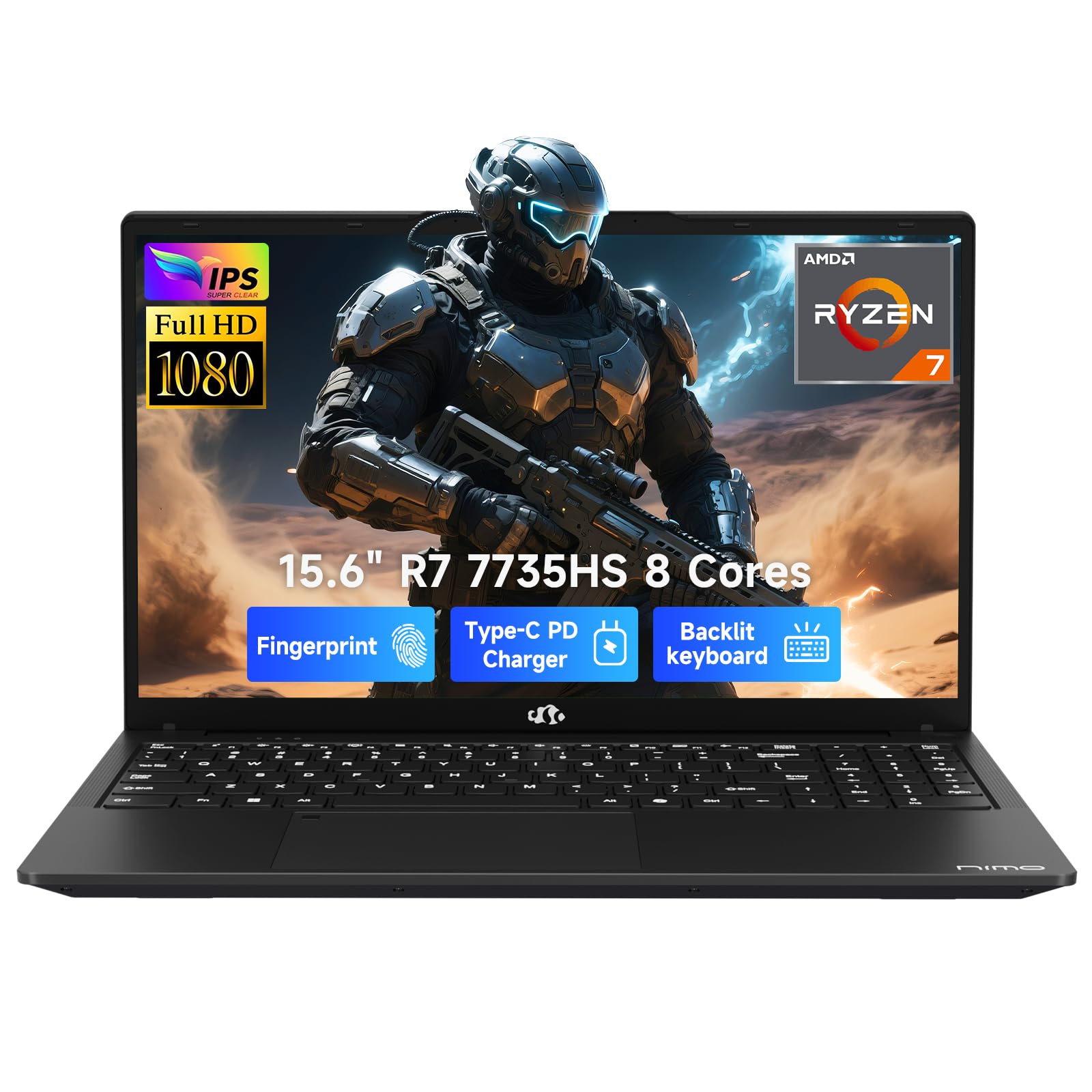 NIMO Gaming-Laptop, 15.6" Computer with AMD 8 Cores Ryzen 7 7735HS (Beat i7-12650H, Up to 4.75GHz), 16GB DDR5 1TB SSD Business Laptop with Radeon 680M