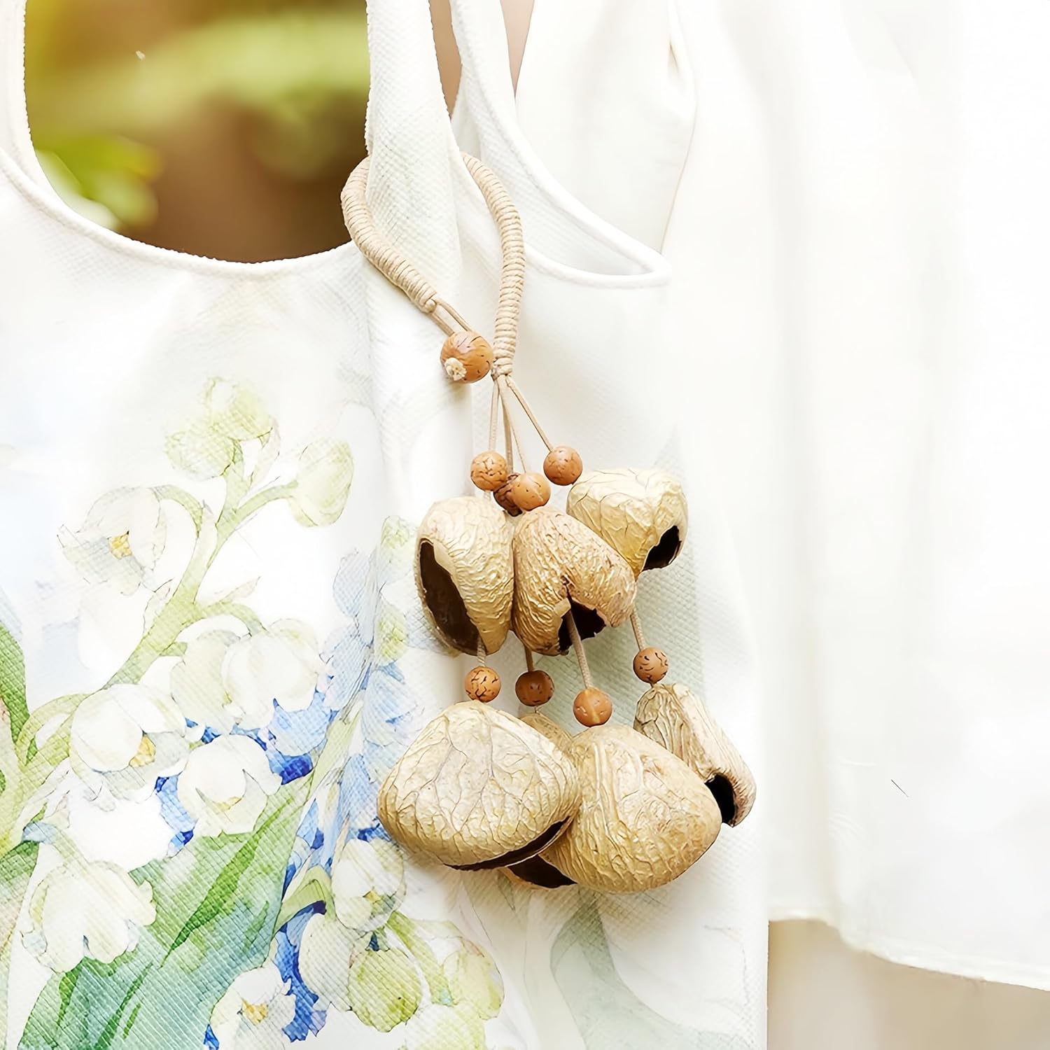 Fay Bless Handcrafted Natural Seed Bell Pendant – Botanical Keychain, Car Charm, Bag Accessory, Forest Sound – Rainforest Fruit Shell Ornament (Nuanyang)