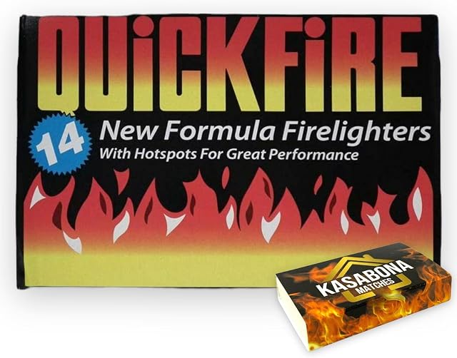 Quickfire Firelighters Bulk Pack Fire Lighters hotspot Burners BBQ Coal Wood Burners with KasaBona Safety Matches 14 Firelighters (14 Firelighters)