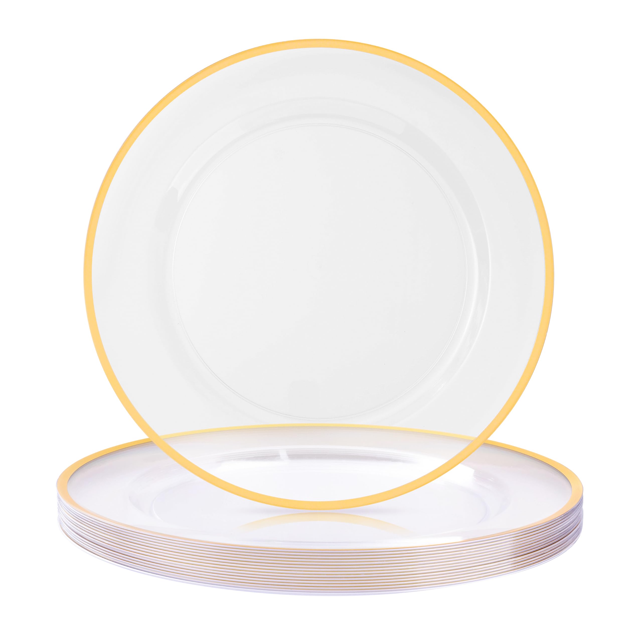 BESTSTAR 12 Inch Disposable Charger Plates, 15 Pack Plastic Clear Plates with Gold Rim, Perfect Table Decor for Party, Wedding, Dinner