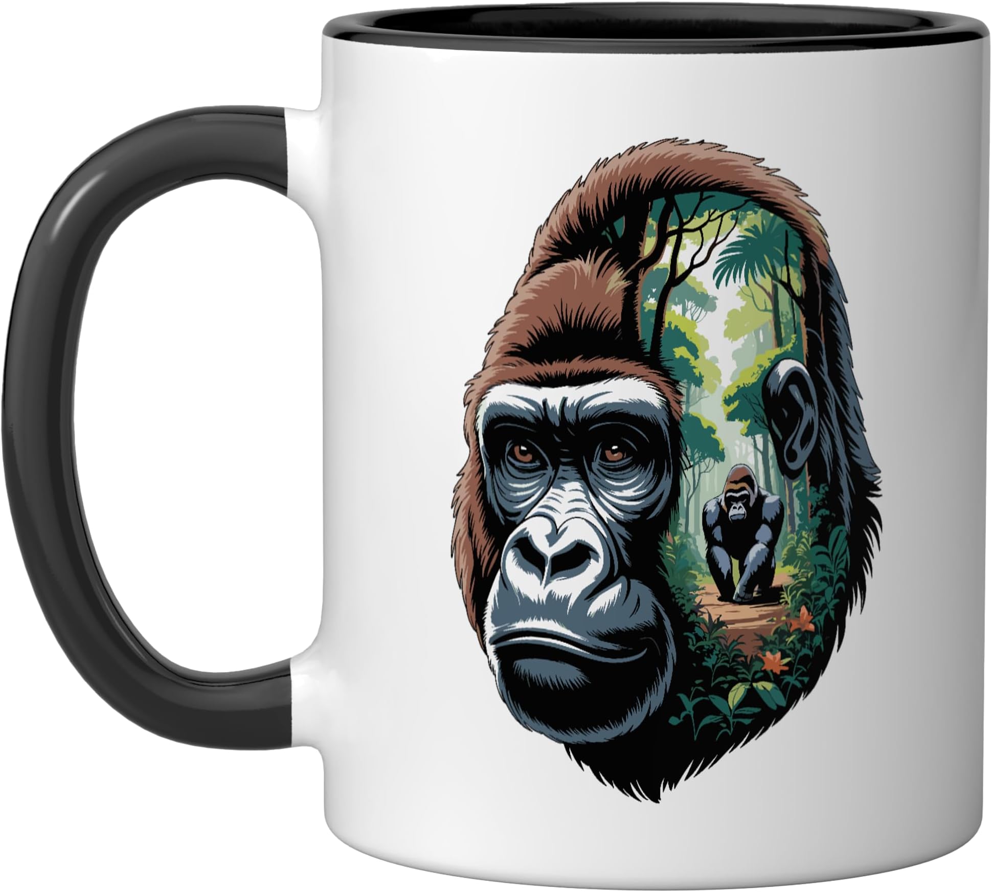 Multiple Exposure Art Gorilla Silverback Gorillas Ceramic Mug, Black/White