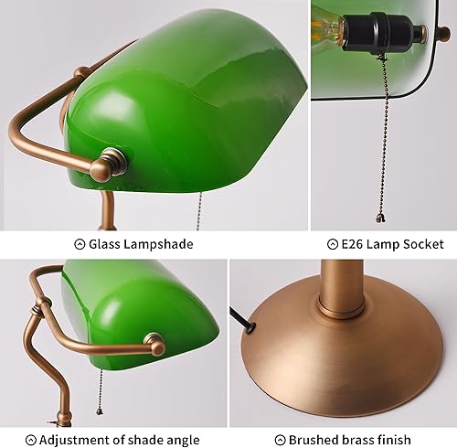 Miniatura 6 de COSYLUX Lámpara de mesa alta de cristal verde elegante vintage con interruptor de tracción, lámpara de escritorio de metal de bronce antiguo para