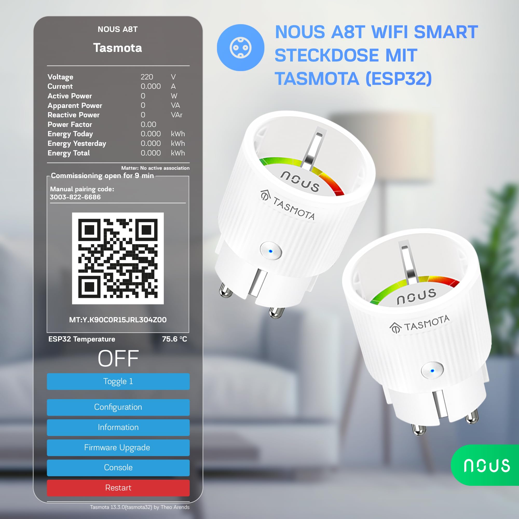 Tasmota Steckdose NOUS A8T, Kleinste Wlan ESP32 smart plug, 10A mini wifi steckdosen mit stromverbrauch stromzähler, zeitschaltuhr, Kompatibel mit Matter, Alexa, Google Home Assistant, MQTT, 2.4G