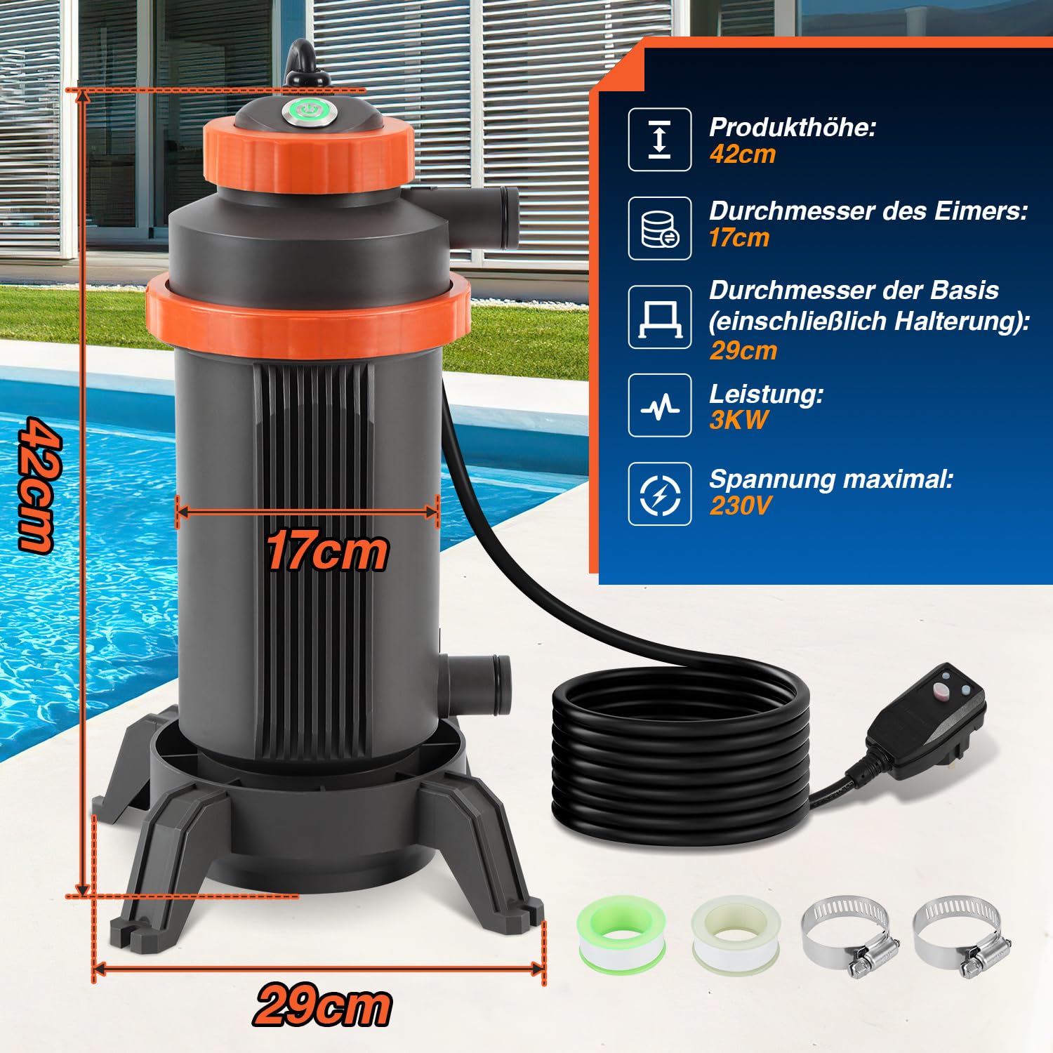 Poolheizung Elektrisch 3KW mit Digitalanzeige & 4-Fach Sicherheitsschutz, 32–38 mm Anschluss, Heizt bis 45 °C, inkl. Zubehör für Aufstellbecken