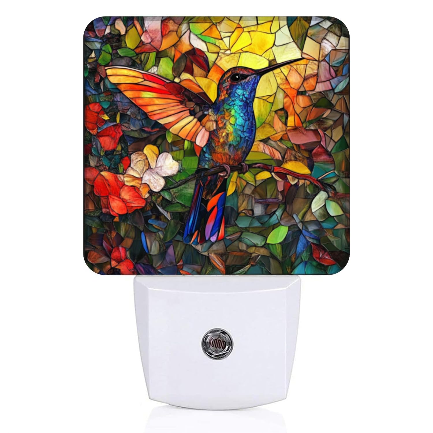 Mearafois Square LED Night Lights Lamp with Dusk to Dawn Sensor Colorful Stained - Glass Hummingbird Night Light