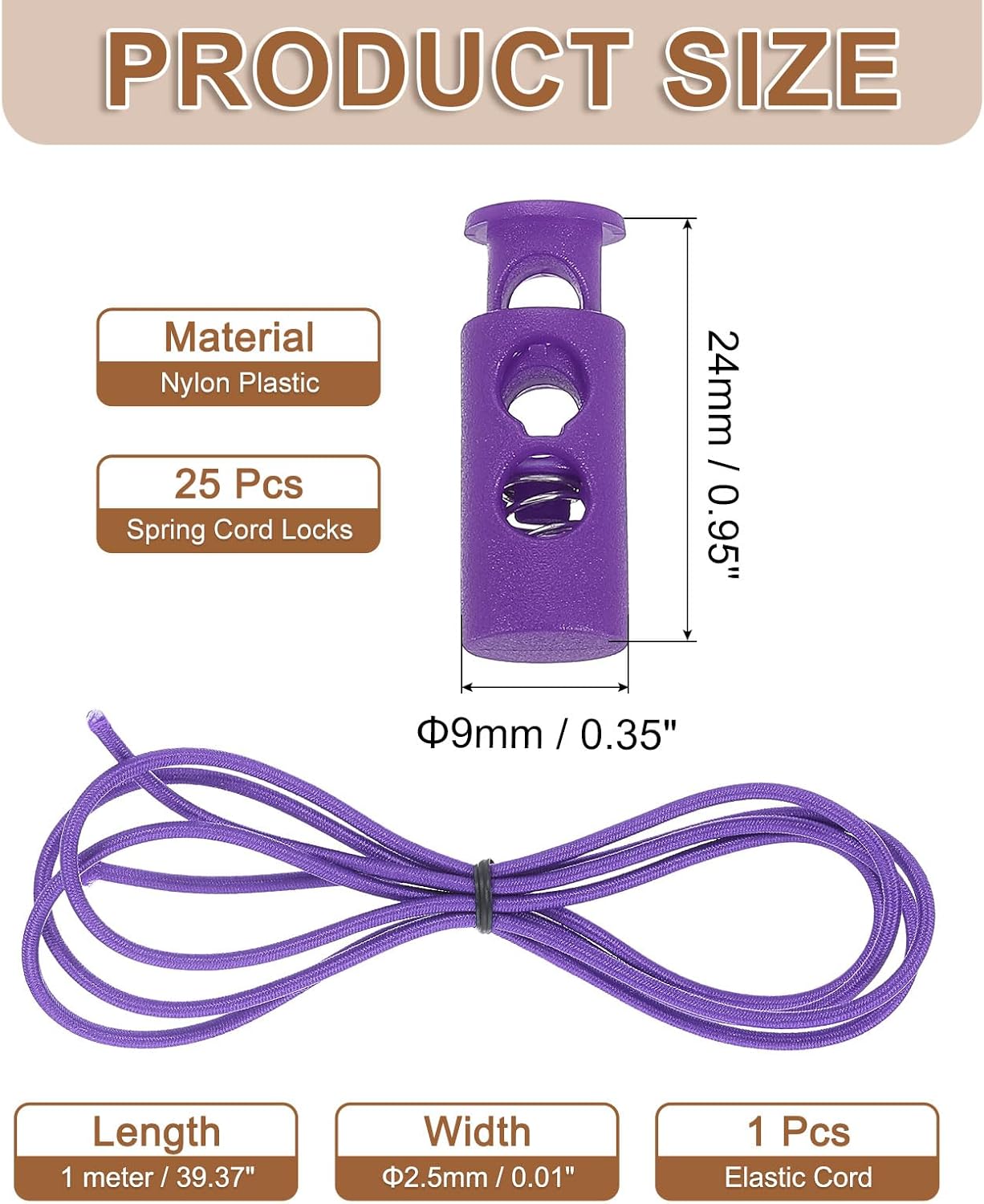 uxcell 25 Pcs Double Hole Cord Locks with 39Inch Elastic Shock Cord, Plastic Spring Toggle Stopper Clip with Stretch String for Shoelaces Drawstrings Paracord, Purple - Image 2