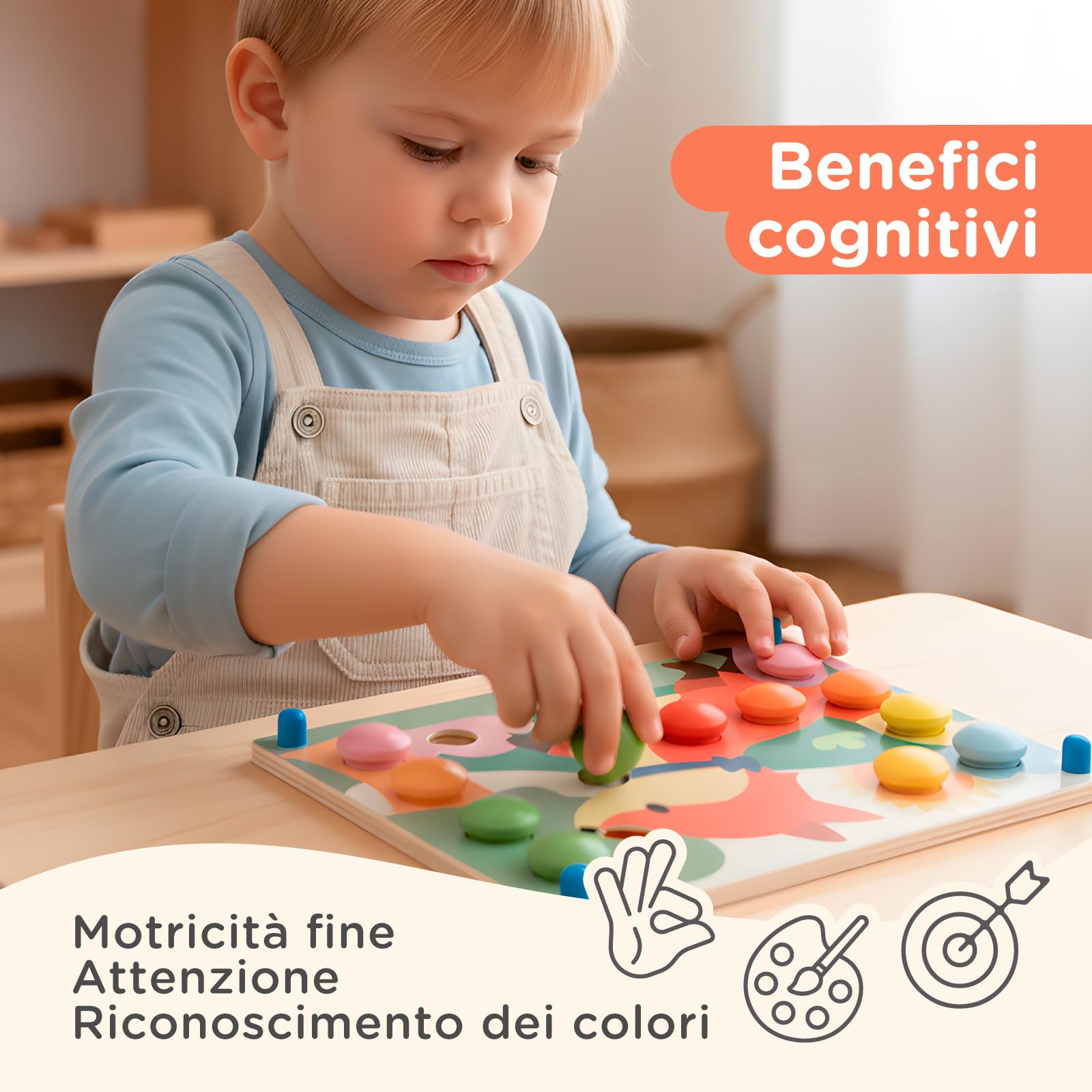Nene Toys Gioco Chiodini in Legno Montessori 2+ - Puzzle Mosaico Bottoni Colori Pastello con 24 Chiodini & 12 Carte Modello - Gioco Educativo per Imparare i Colori, Motricità Fine - Bambini 2 3 Anni