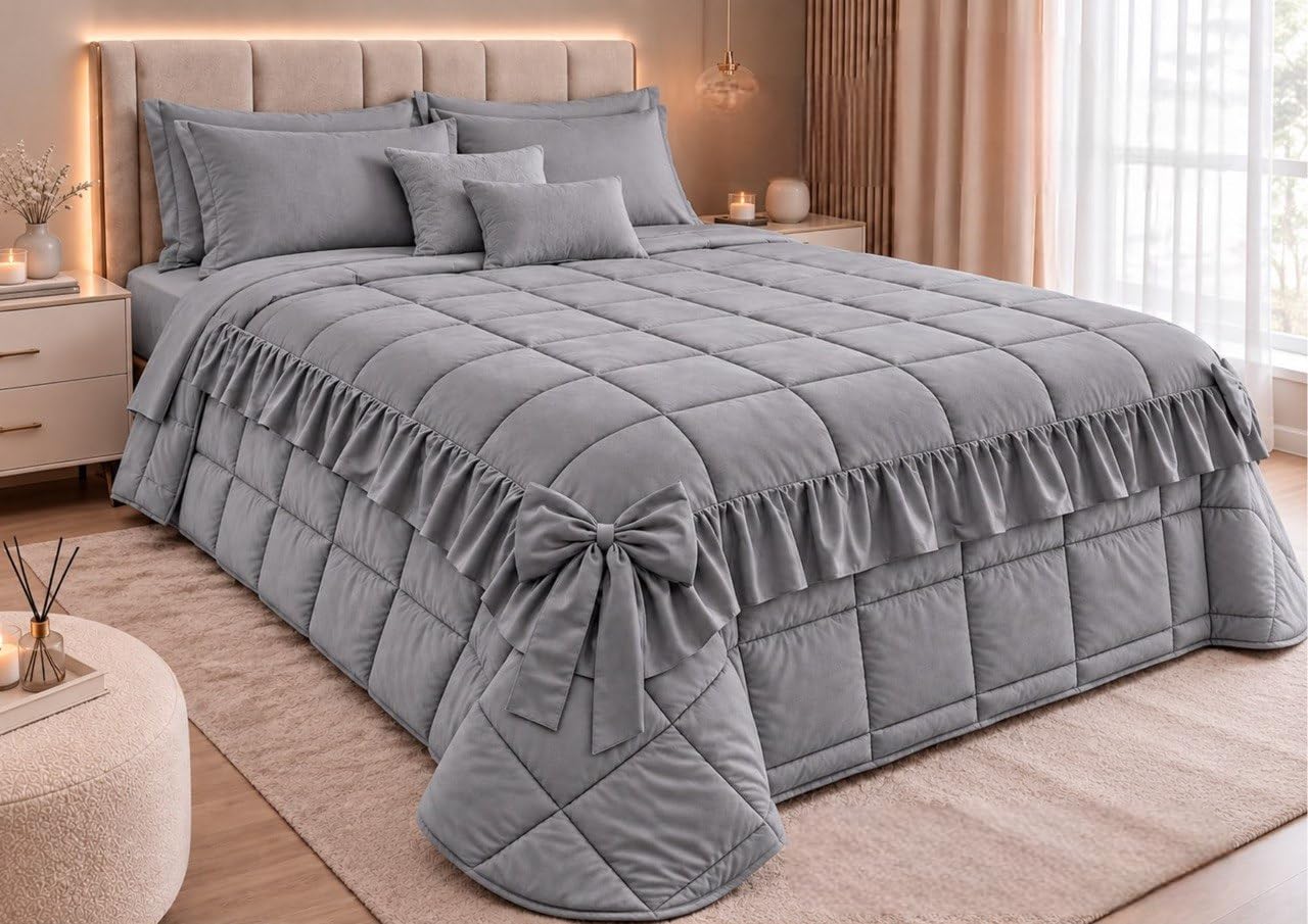 Trapunta Matrimoniale Renato Balestra Principessa 260x260 cm, Piumone Invernale con Volant e Grande Fiocco Decorativi, Grigio