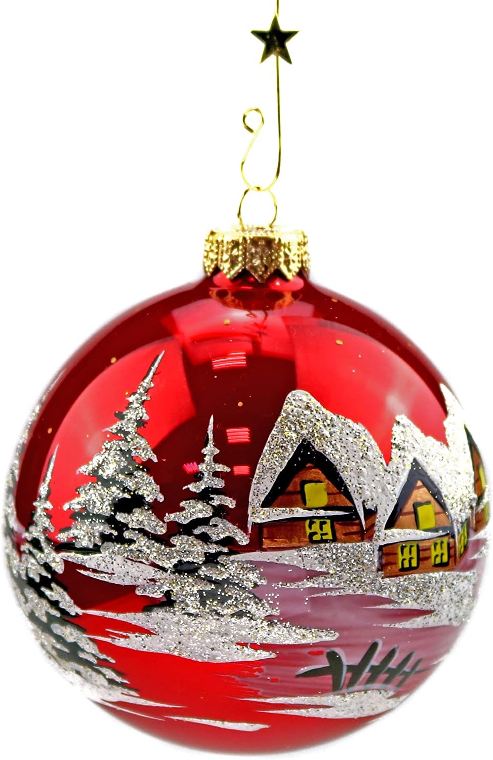 Victoria Bella 100mm. Hand Painted Glass Christmas Ball for Christmas Tree individually packed Christmas landscape on a red background, Red,silver