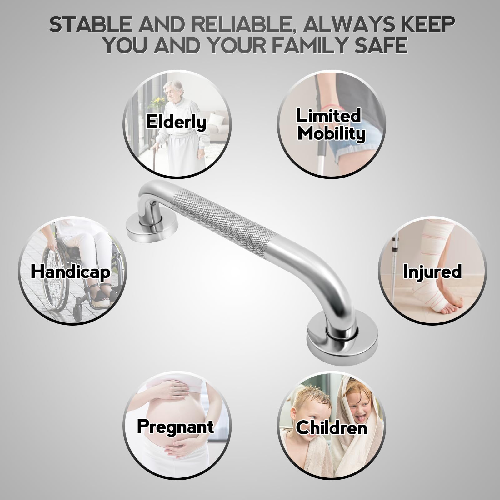 2-Pack 12" Stainless Steel Shower Grab Bars - 500 Lb Capacity, Anti-Slip, For Bathroom Safety - View #6