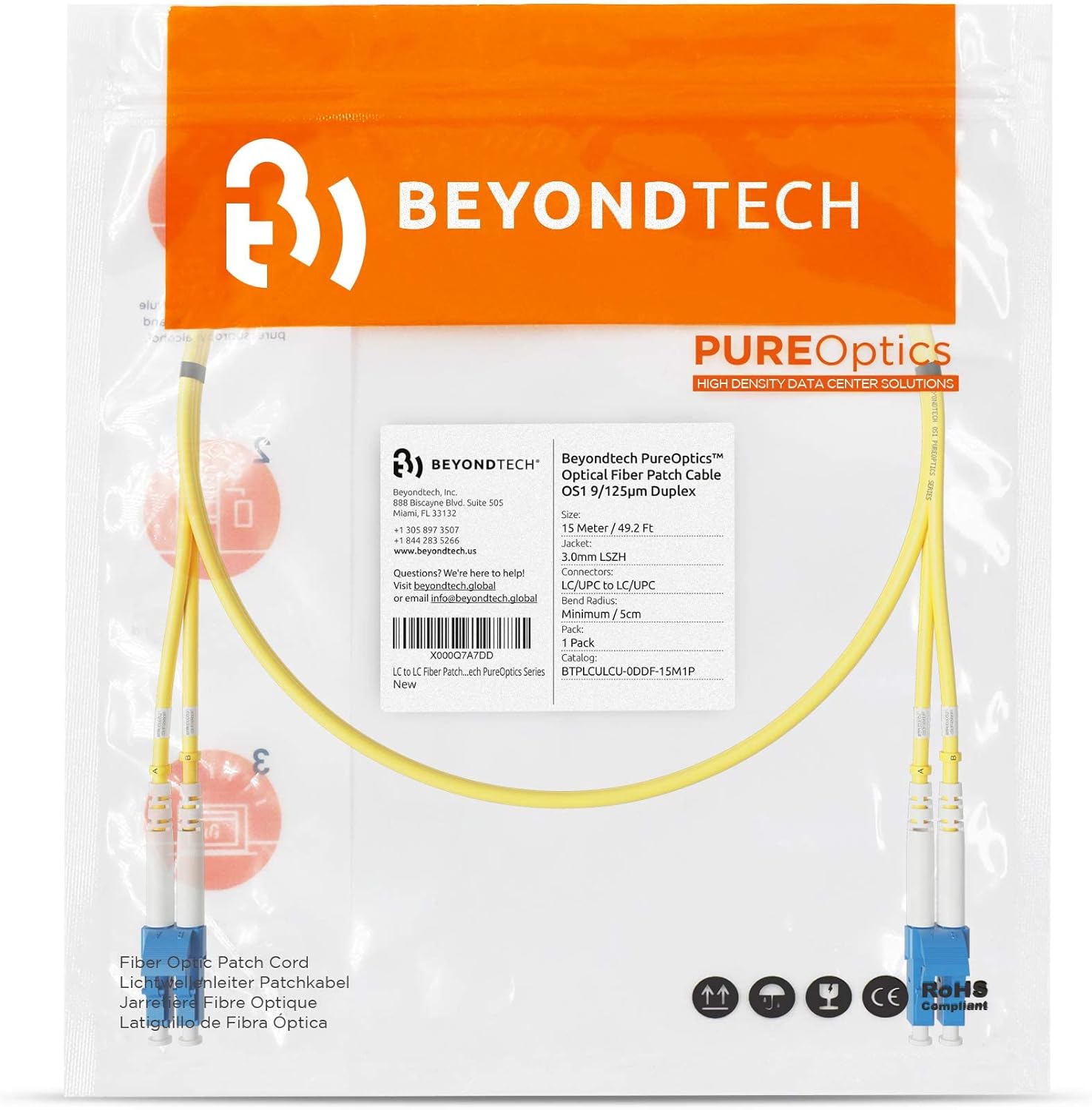 BEYONDTECH 15m (49.2ft) LC to LC Fiber Patch Cable – UPC Single-Mode Duplex Fiber Optic Cable – 9/125µm core, Compatible with OS1 & OS2 – LSZH PUREOptics Series