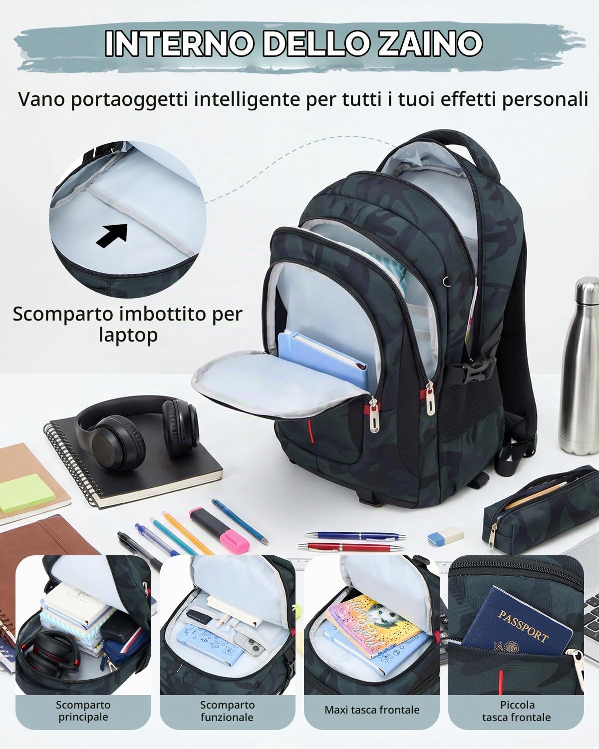 Zaino Trolley per Ragazzi Adolescenti, 26L Zaini con Ruote Scuola Media e Elementare Staccabile, 6 Rotelle Zaino Ragazzo Mimetici alla Moda per la Scuola e Viaggio, Verde