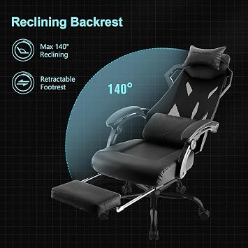 GTPLAYER Mesh Gaming Chair with Footrest 3D Stereoscopic Frame Support Ergonomic Fabric CoverReclining Computer Office Desk Chair Height Adjustable