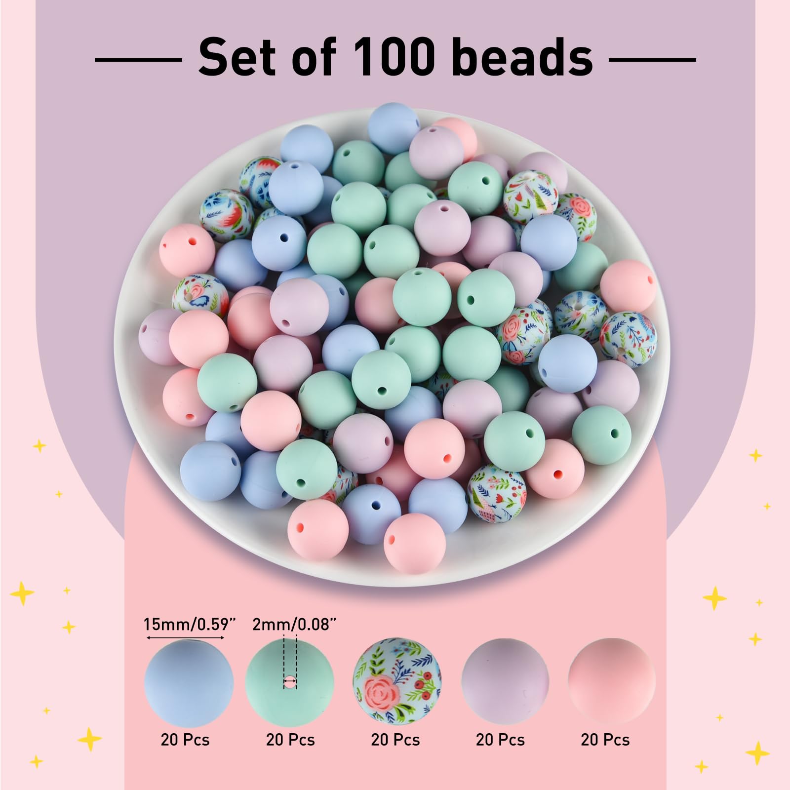 ASTARON 100 Pcs 15mm Silicone Beads for Keychain Making Light Pink Purple Blue Round Beads for Bracelets Crafts Beadable Pens Decorations Jewelry Making Party Favors Supplies - Image 2