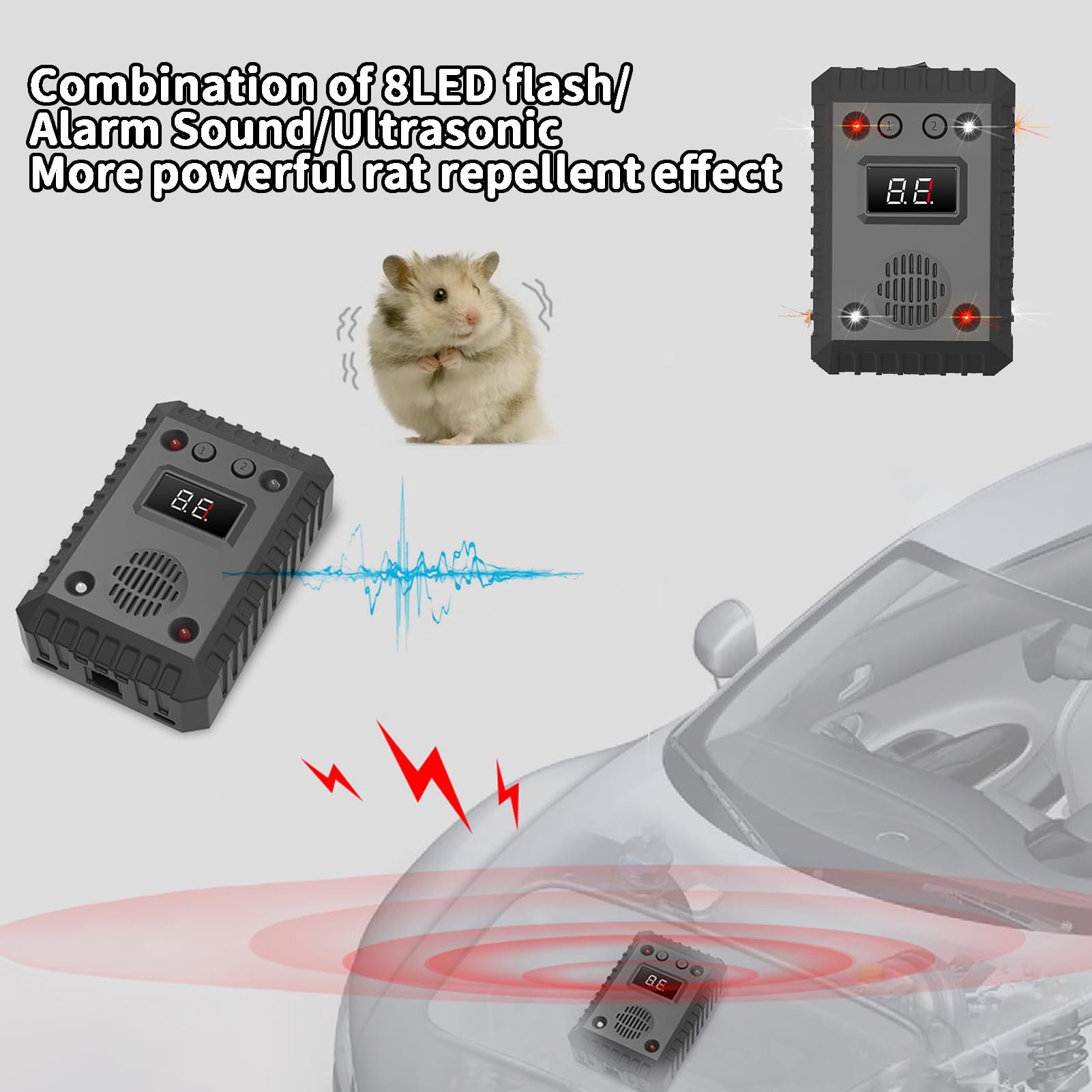 2 en 1 Répulsif Ultrasons Rats Voiture & Intérieur 2 pièces, Triple Effet Anti Martre avec lumières et Alarme, Professionnel Répulsif Animaux Protection véhicule défense Contre rongeurs