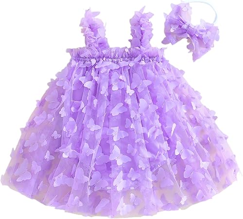 Vestido de princesa para bebé niña 3D de malla de mariposa morada, sin mangas, de tul + diadema
