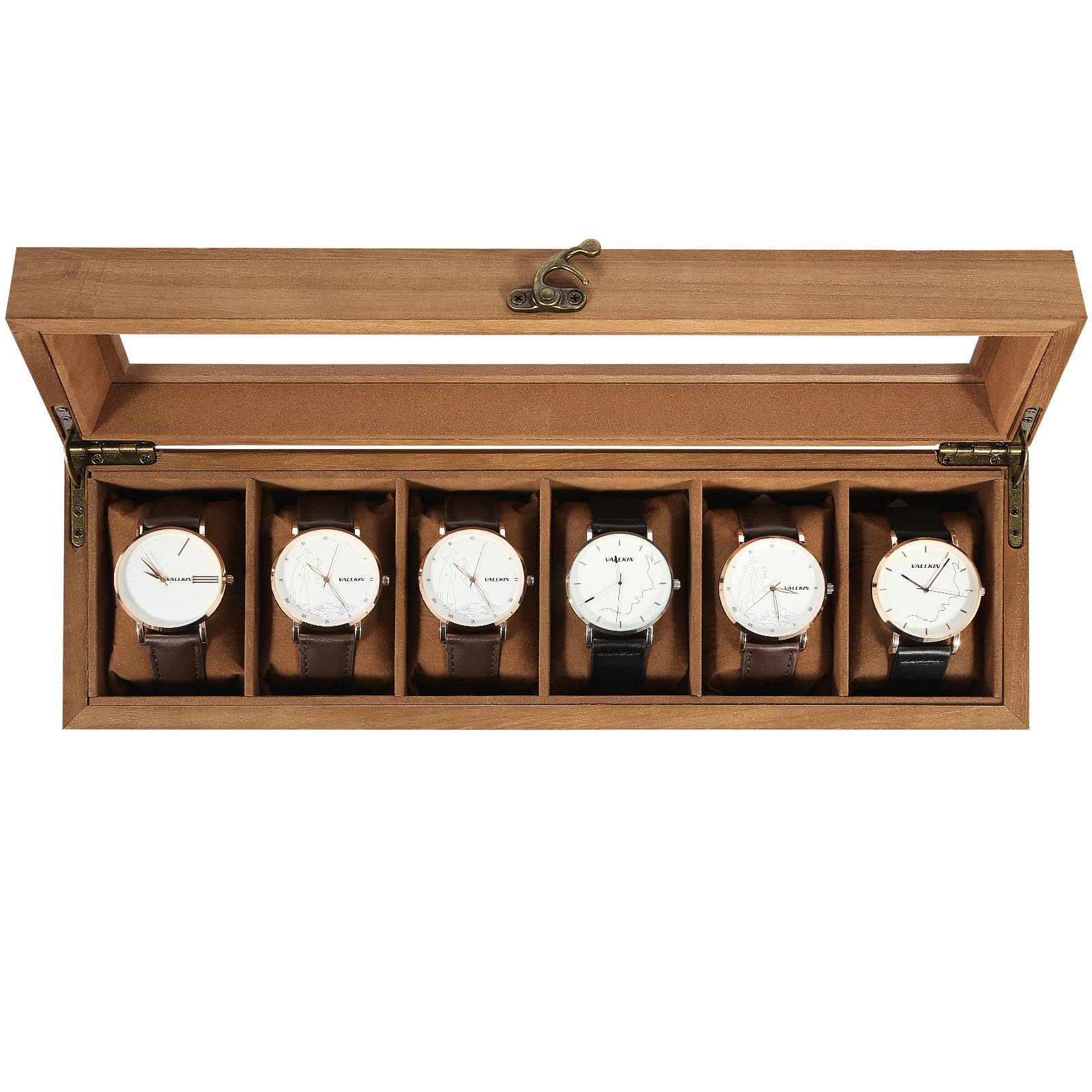 Uten Solid Wood Watch Box, 6 Slot Watch Case with Soft Pillow, Watch Display Case with Glass Lid, Watch Holder Organizer, Watch and Jewelry Storage,