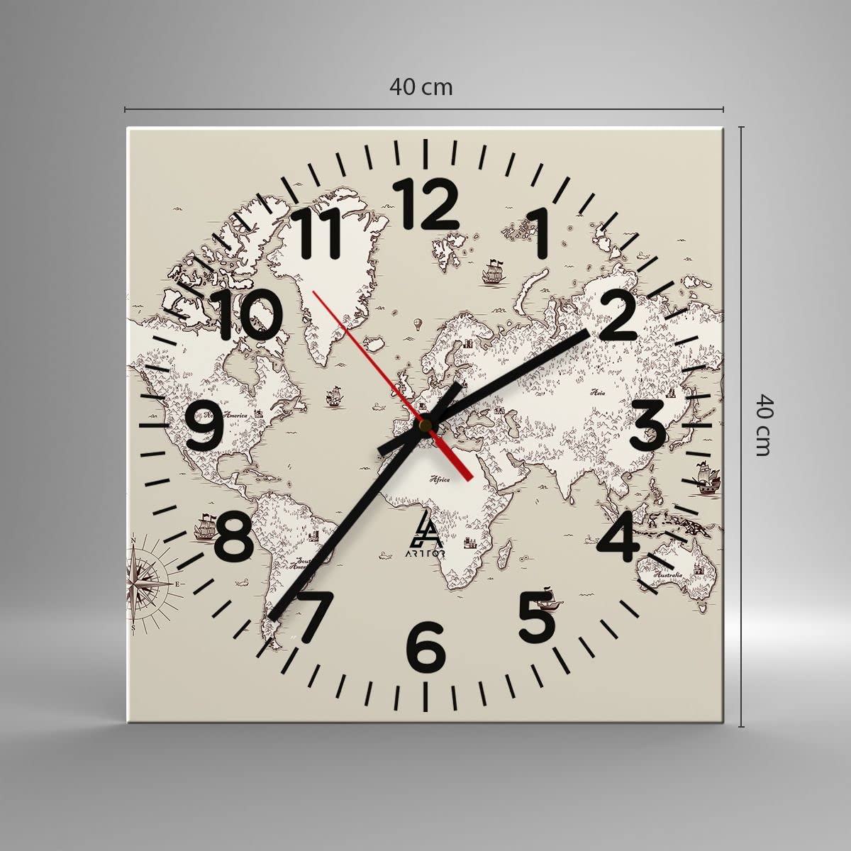 Orologio da Parete in Vetro Mappa mondo classico continenti 40x40cm Piccolo Moderno Orologio da Muro Per Casa Cucina Soggiorno Silenzioso Wall Clock Decorazione Orologio da Appendere - C4AC40x40-2910