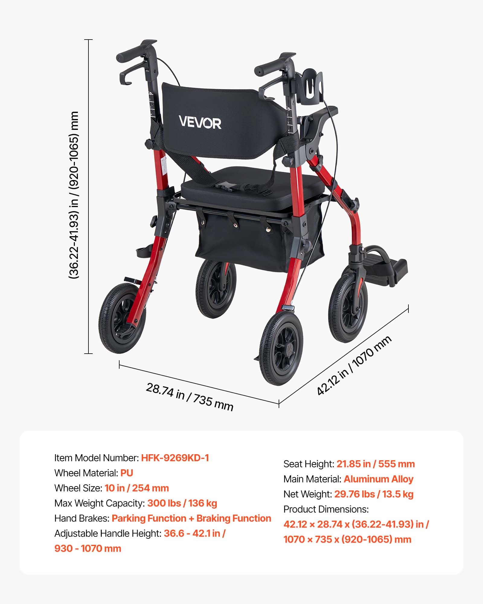 VEVOR Andador para Ancianos 2 en 1 con Asiento Soporta 136 kg, Ruedas de 25,4 cm, Silla de Transporte Plegable de Aleación de Aluminio, Reposabrazos Ajustable para Compras Exterior Personas Mayores