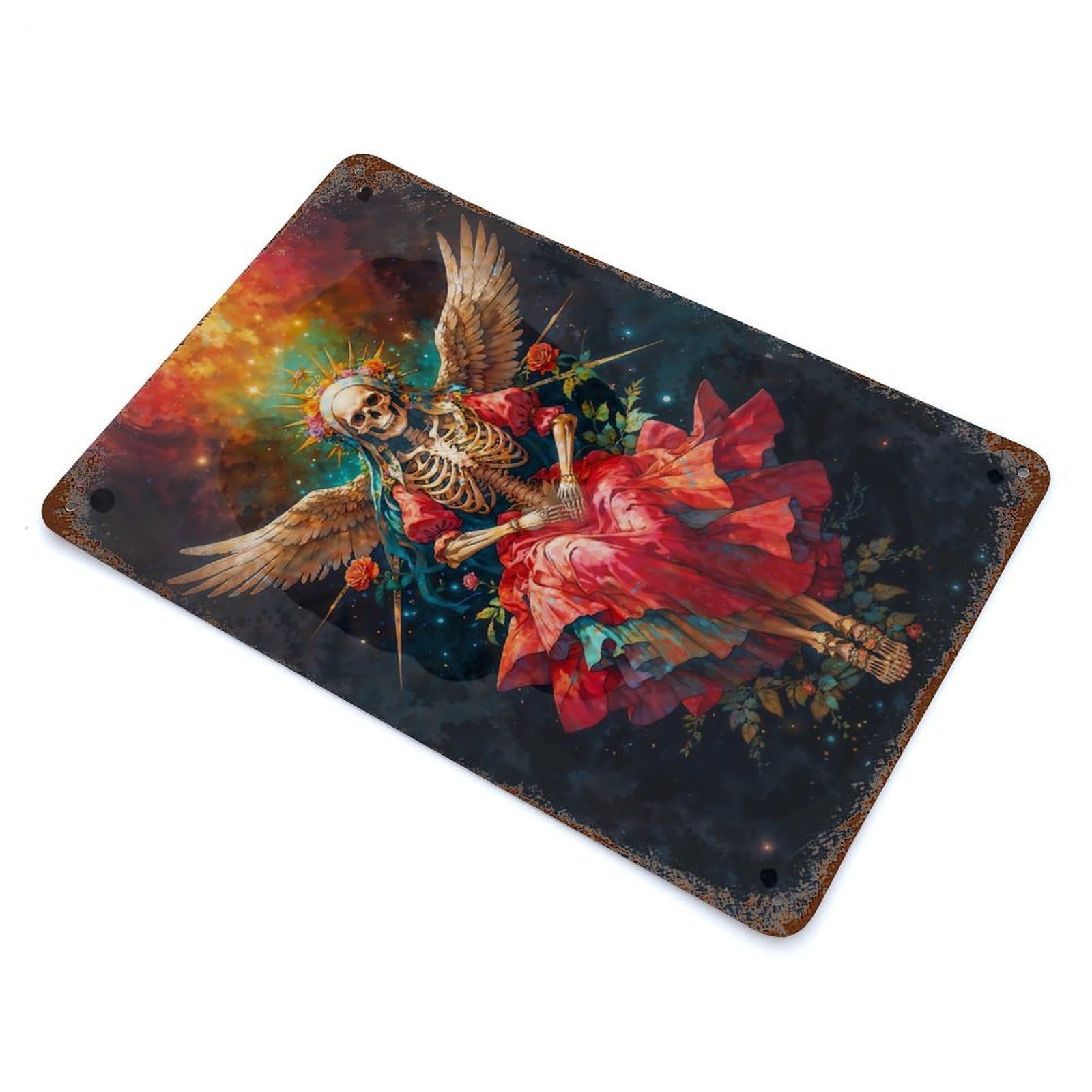Santisima Muerte in Red Dress 11.8"x7.9" Rust Effect Tin Sign, Industrial Home Decor for Living Room, Hallway And Home Decor