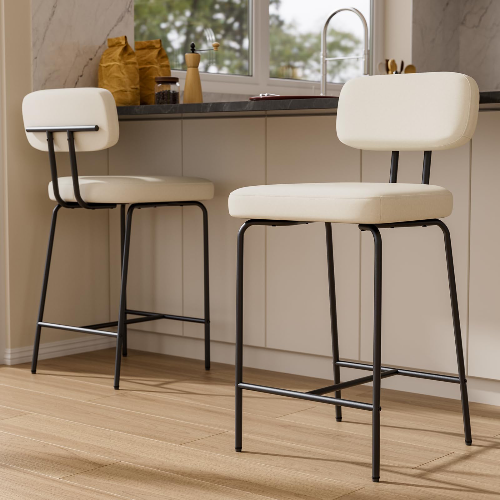 GXJ Bar Stools Set of 2, Kitchen Counter stools with Backs and Metal Legs, 26 inch Barstools for Counter Height, Fabric in White